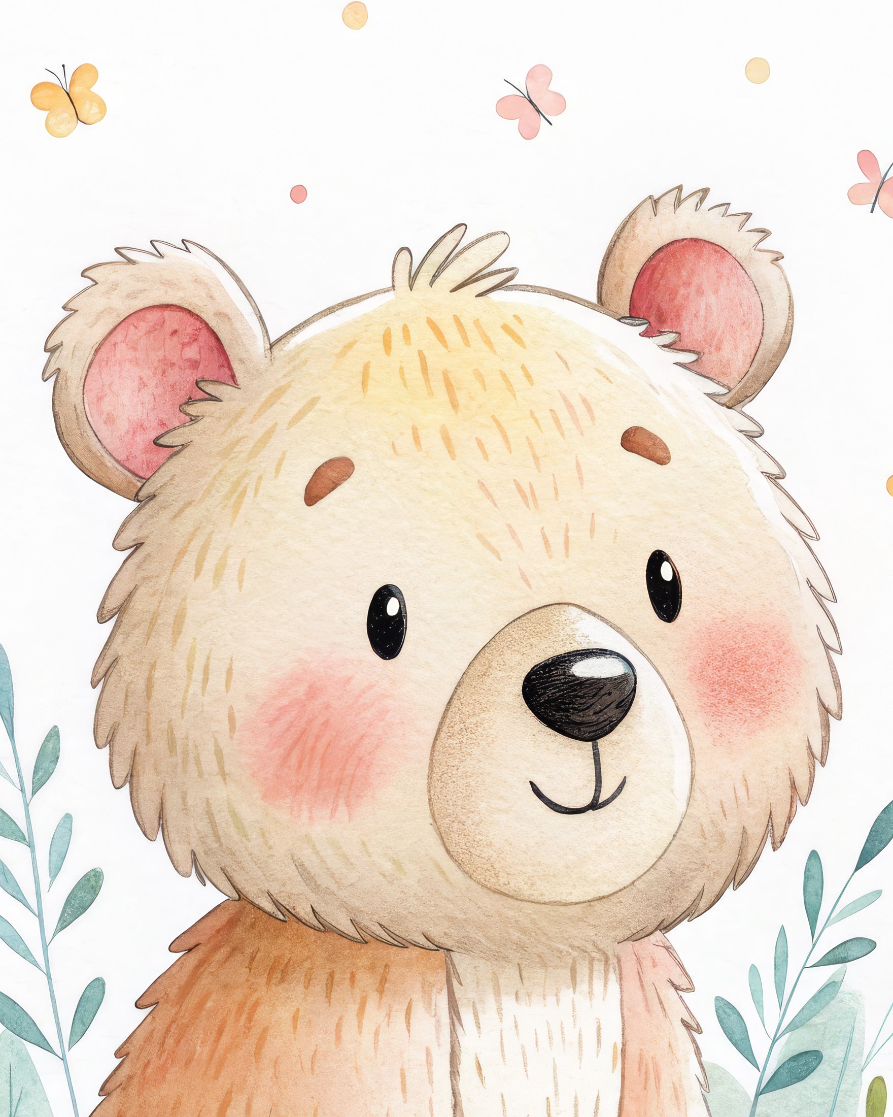 Cute Bear Poster - Nursery Wall Art with Butterflies