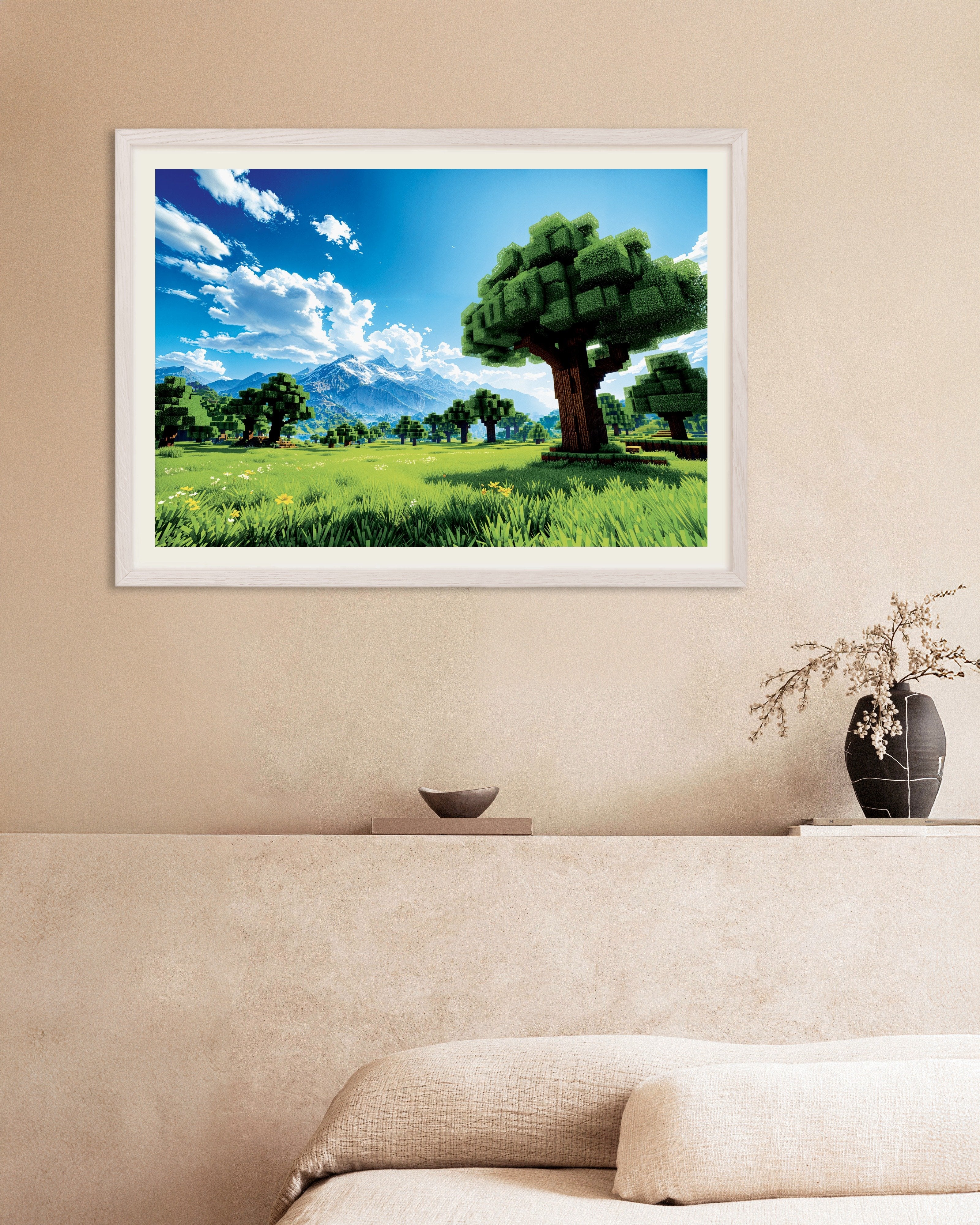 Poster of Beautiful Pixel Landscape – Fantasy Poster, with white wooden frame