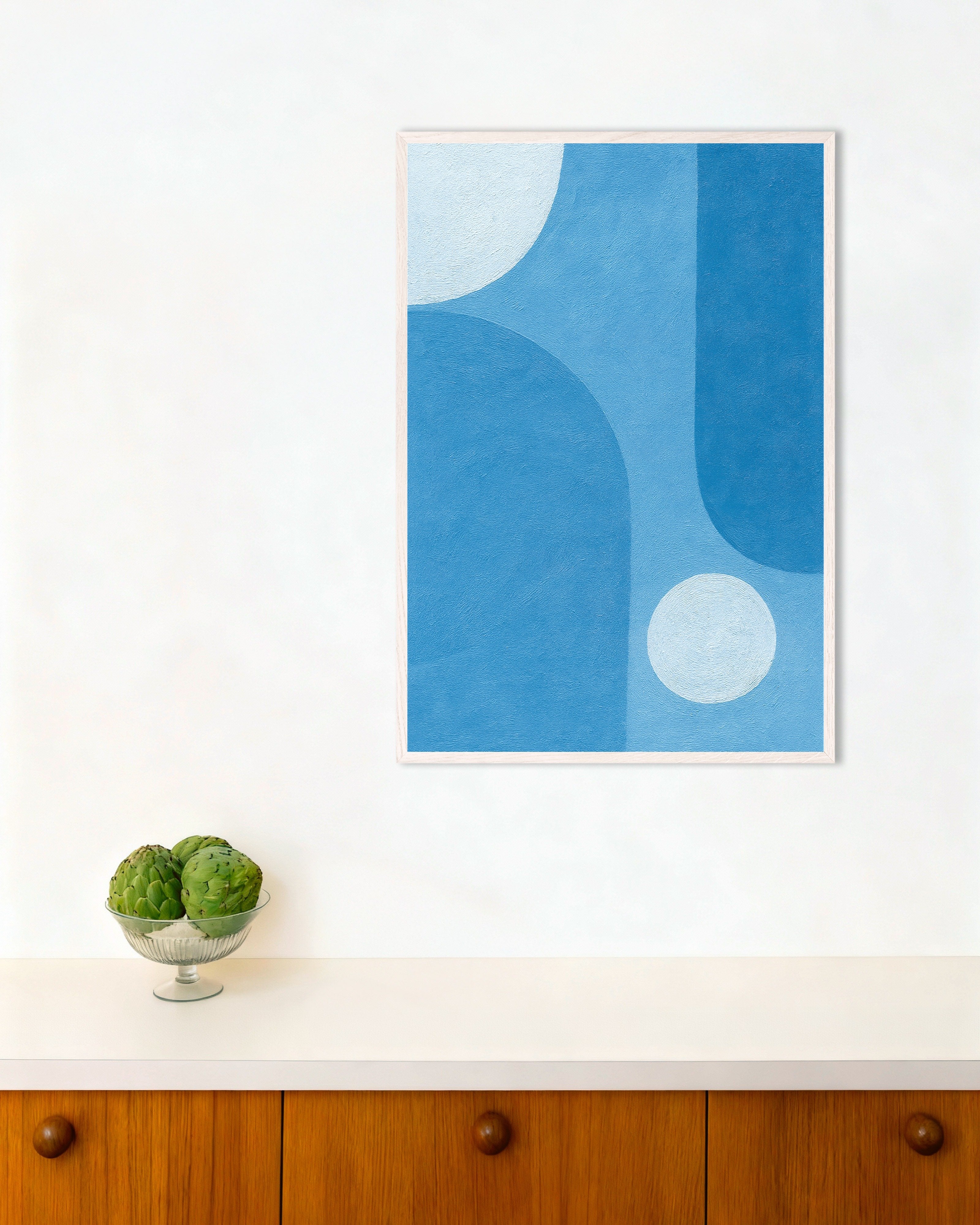Poster of Blue Atmosphere – abstract blue shapes poster, with white wooden frame