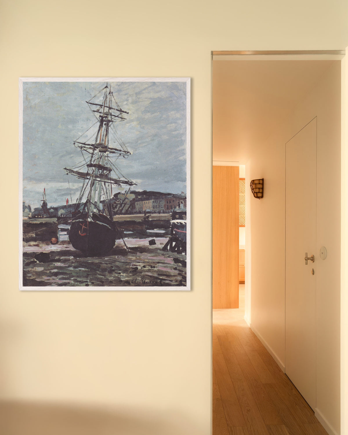 Poster of Boat Aground at Fécamp (1868) by Claude Monet, with white wooden frame