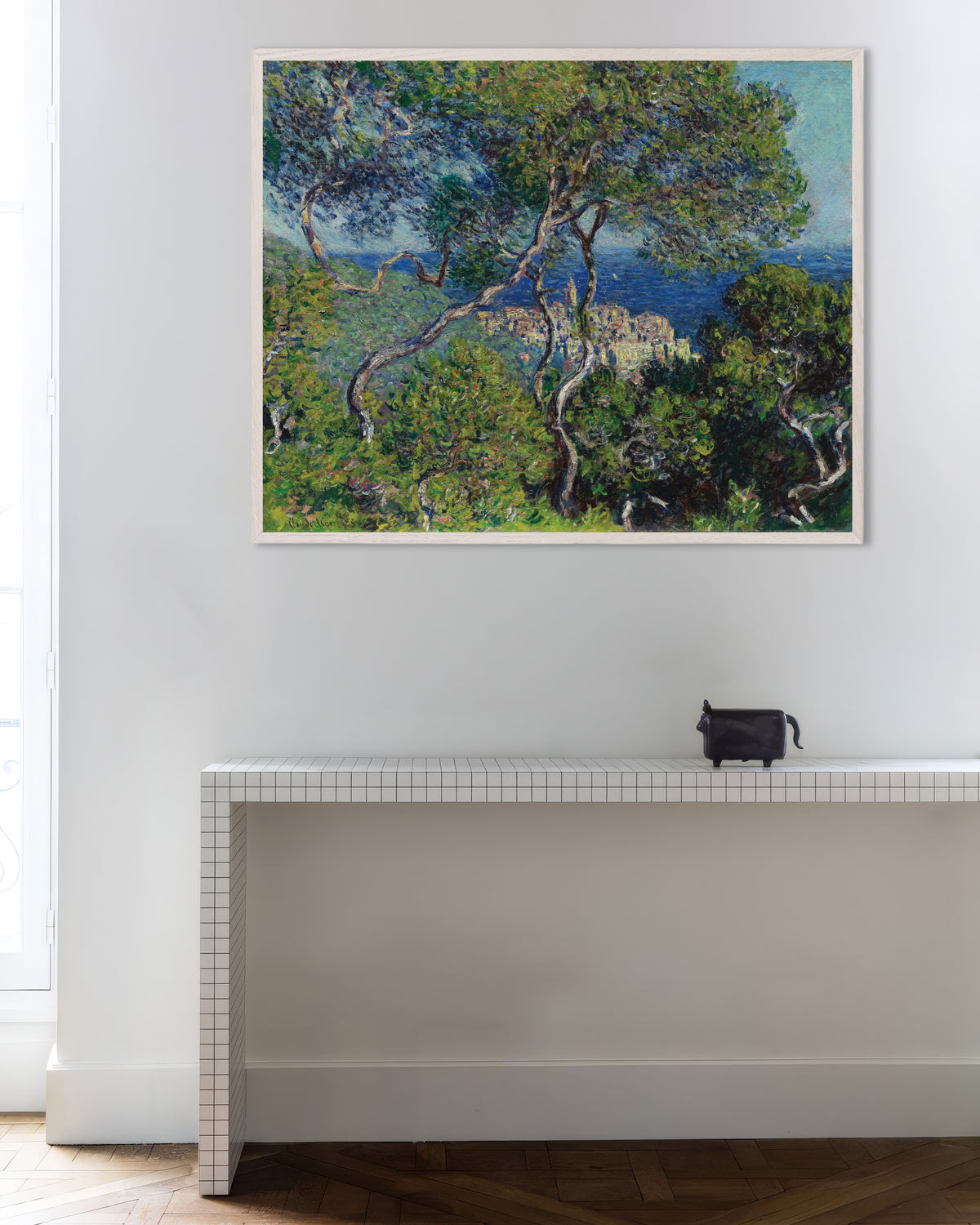 Poster of Bordighera (1884) by Claude Monet, with white wooden frame