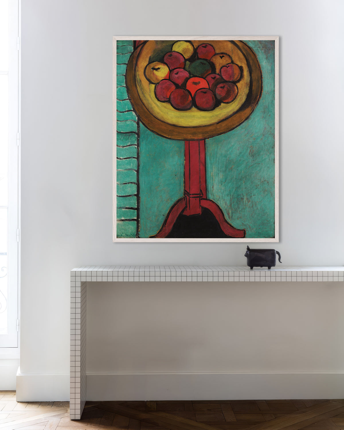 Poster of Bowl of Apples on a Table (1916) by Henri Matisse, with white wooden frame
