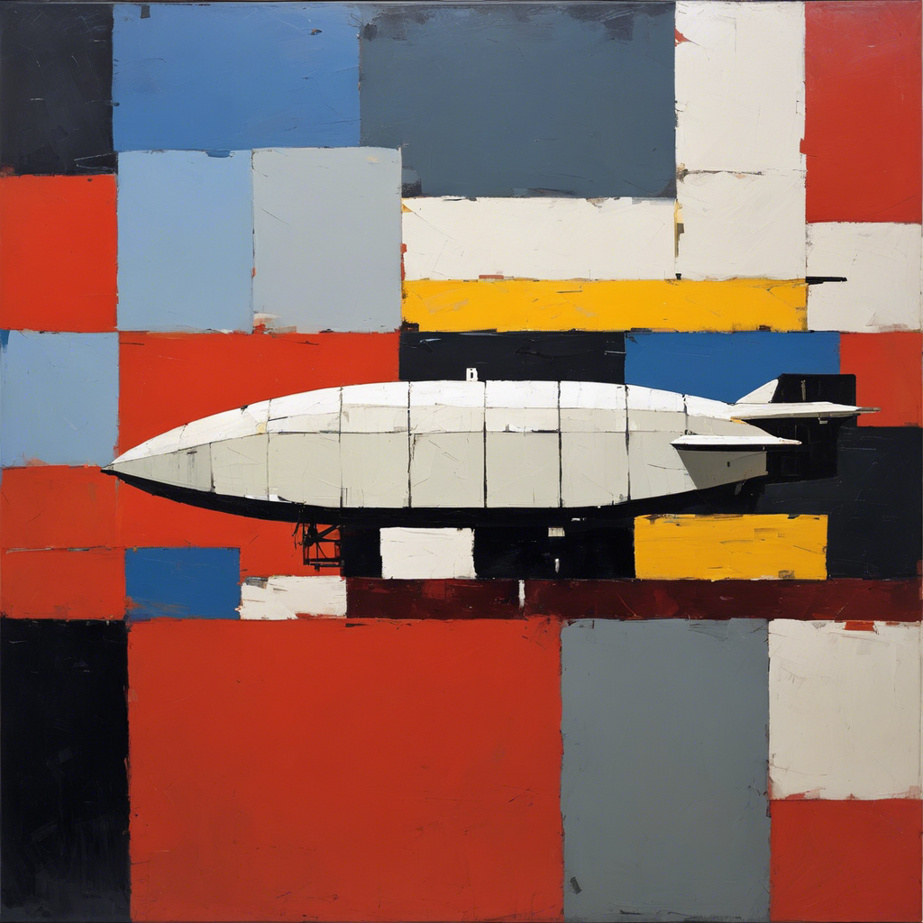 Abstract figurative art featuring bold, textured geometric forms alongside an airship – Print poster