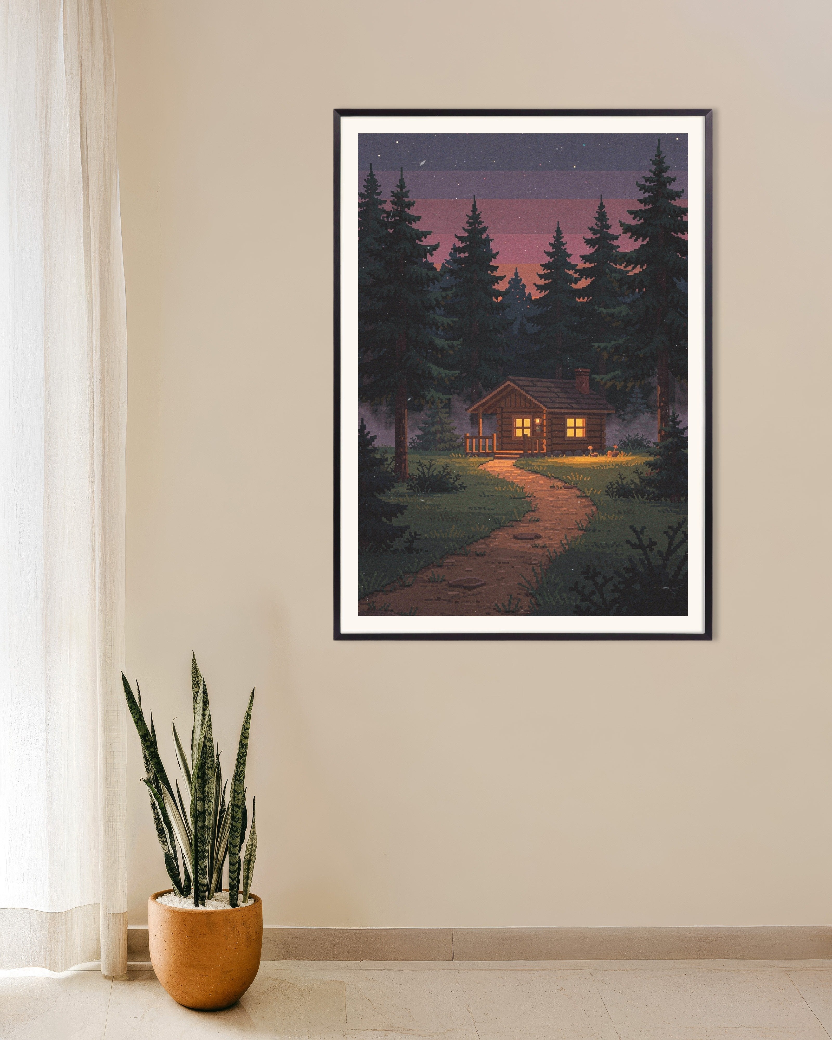 Poster of Cabin at Dusk - Pixel Art Poster, with metal frame