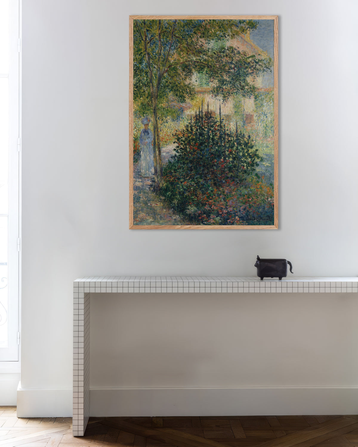 Poster of Camille Monet in the Garden at Argenteuil (1876) by Claude Monet, with natural wooden frame