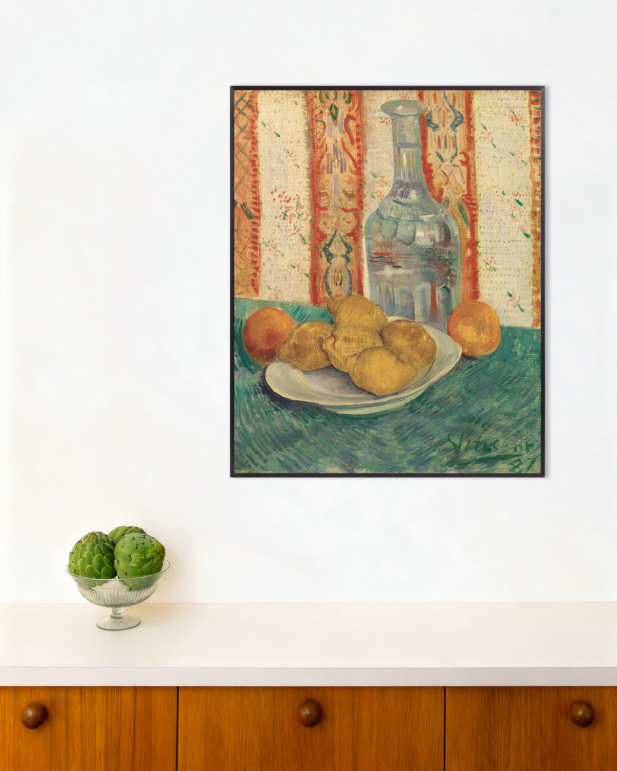 Poster of Carafe and Dish with Citrus Fruit (1887) by Vincent van Gogh, with metal frame