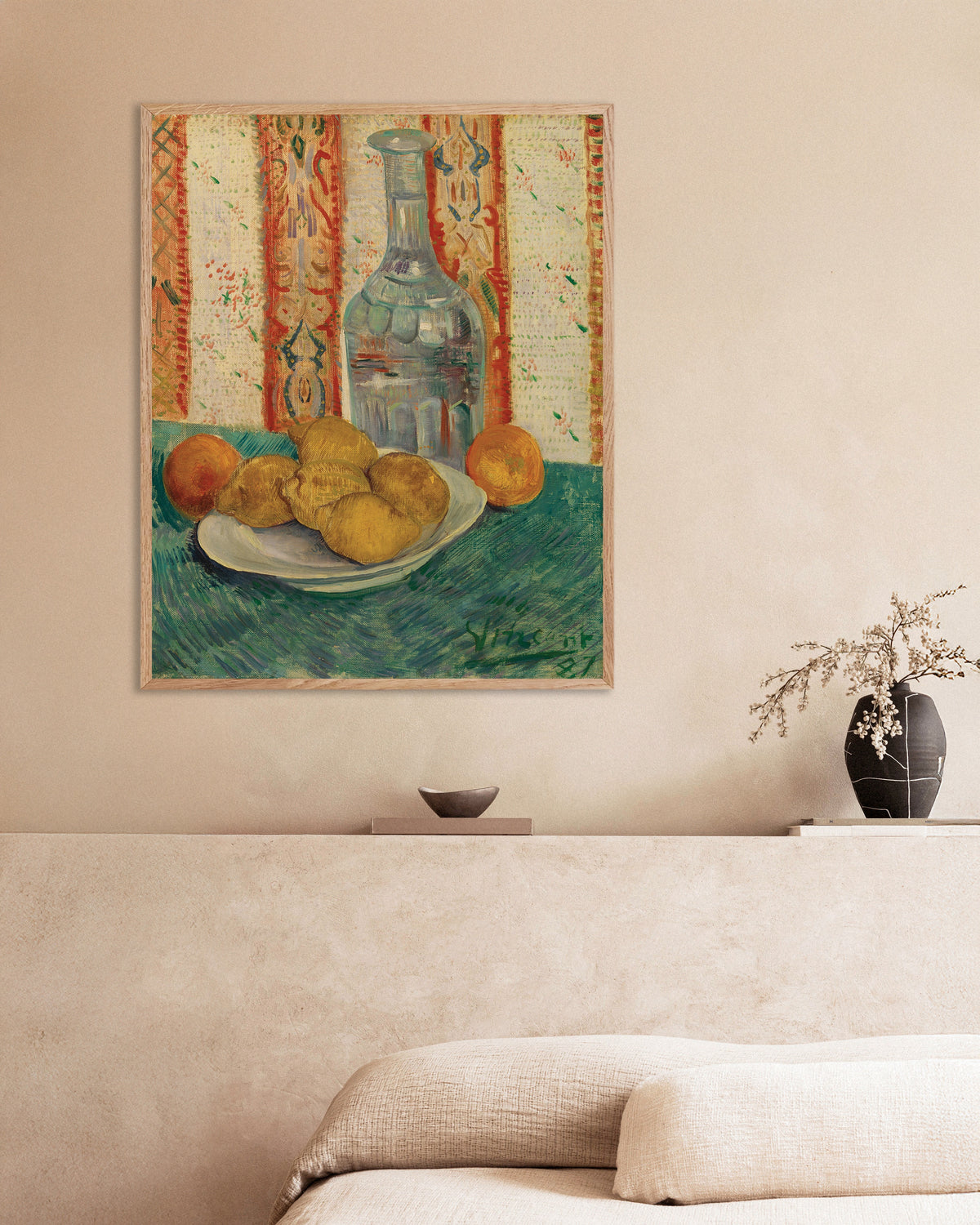 Poster of Carafe and Dish with Citrus Fruit (1887) by Vincent van Gogh, with natural wooden frame