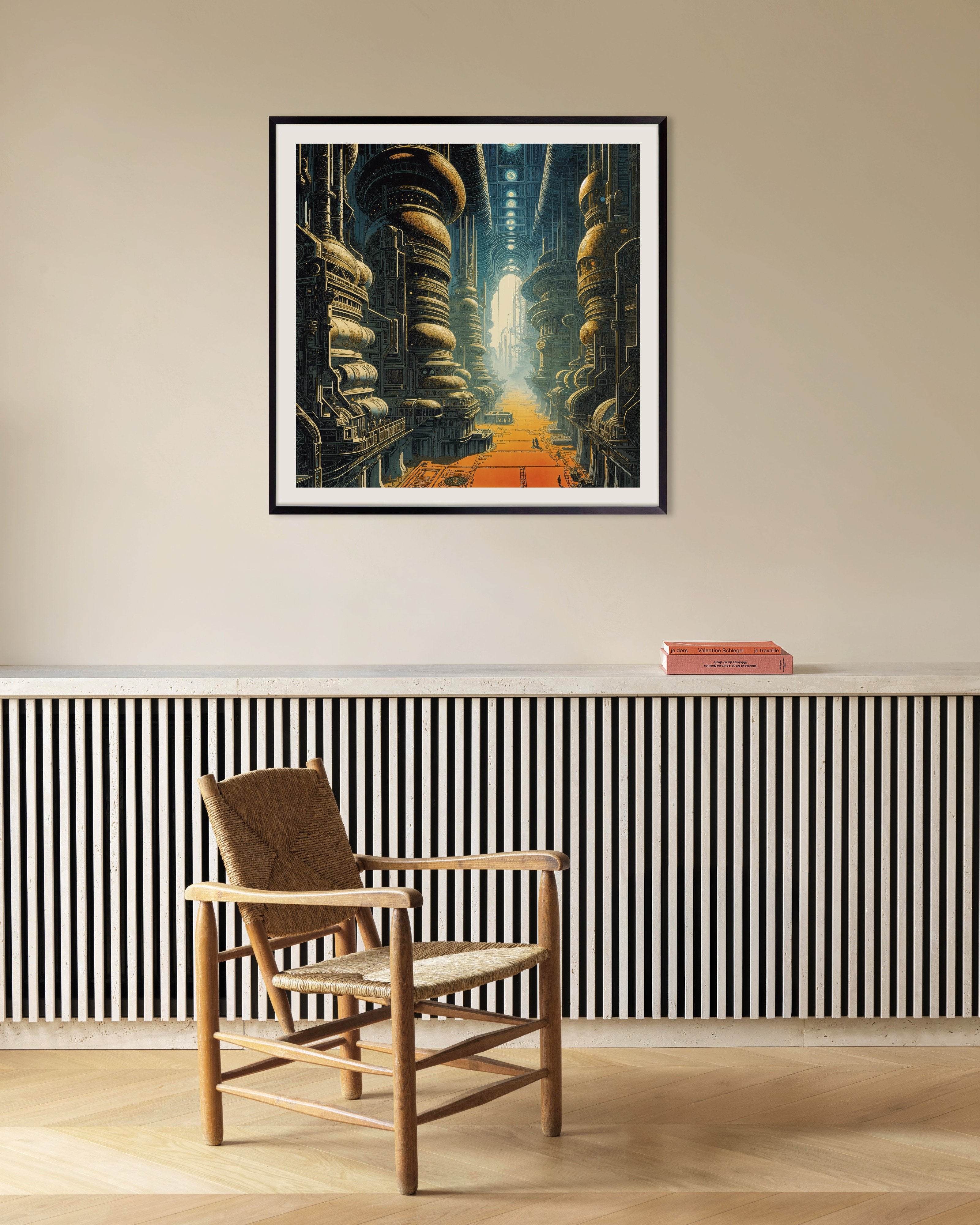 Poster of Celestial Factory - Futuristic Industrial Cathedral, with metal frame