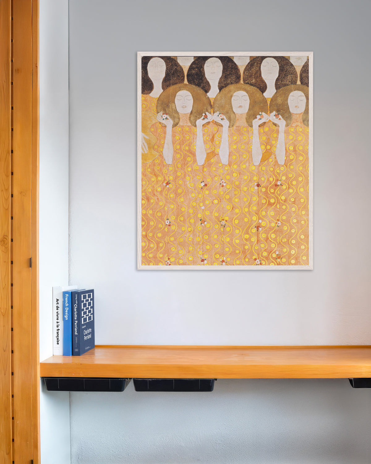 Poster of Choir of Angels, Beethoven Frieze (1902) by Gustav Klimt, with white wooden frame