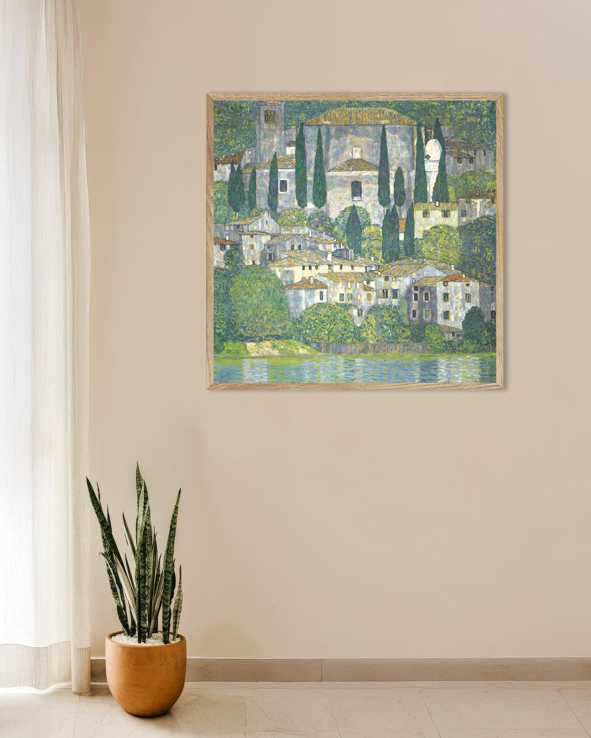 Poster of Church in Cassone, Landscape with Cypresses (1913) by Gustav Klimt, with natural wooden frame
