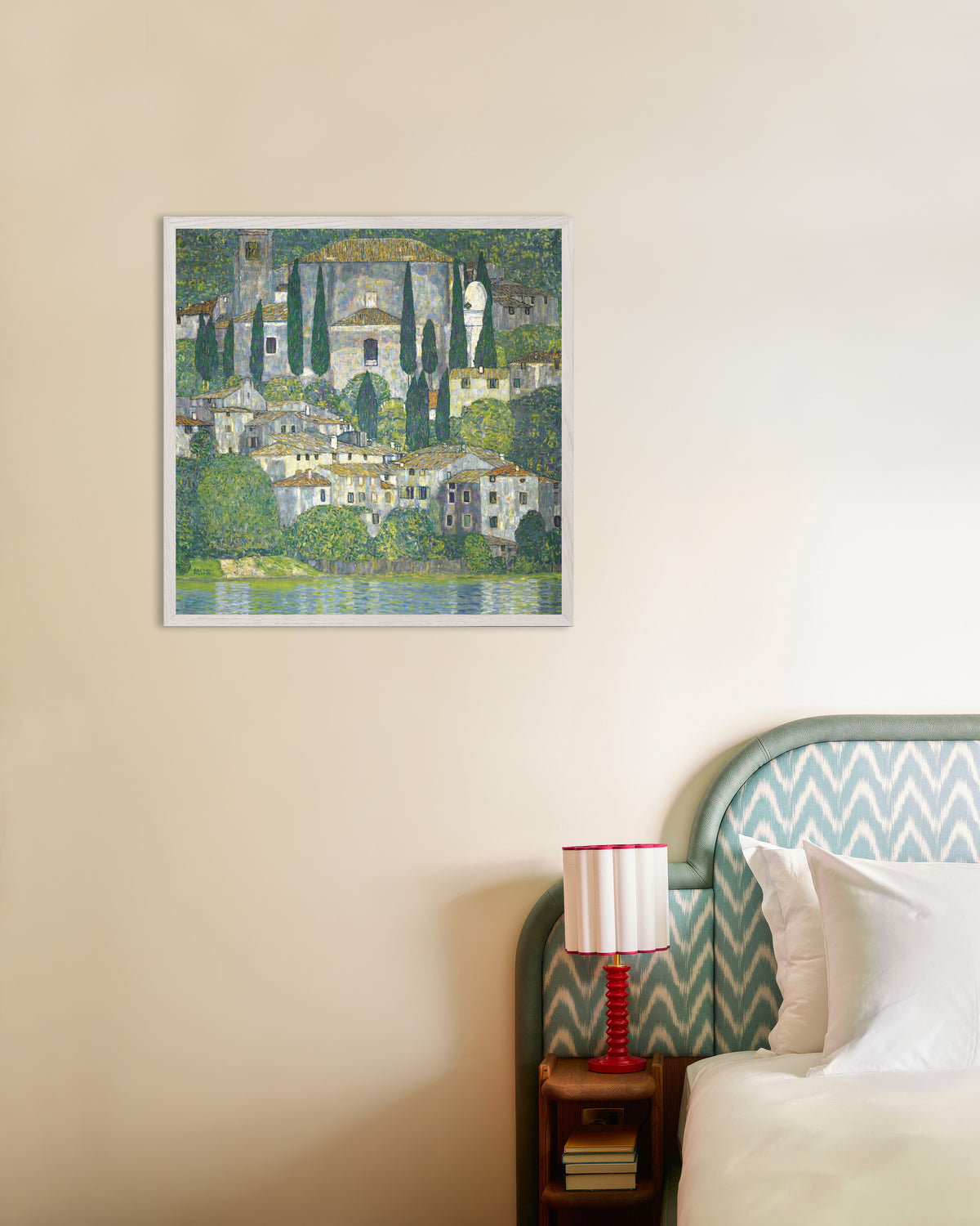 Poster of Church in Cassone, Landscape with Cypresses (1913) by Gustav Klimt, with white wooden frame