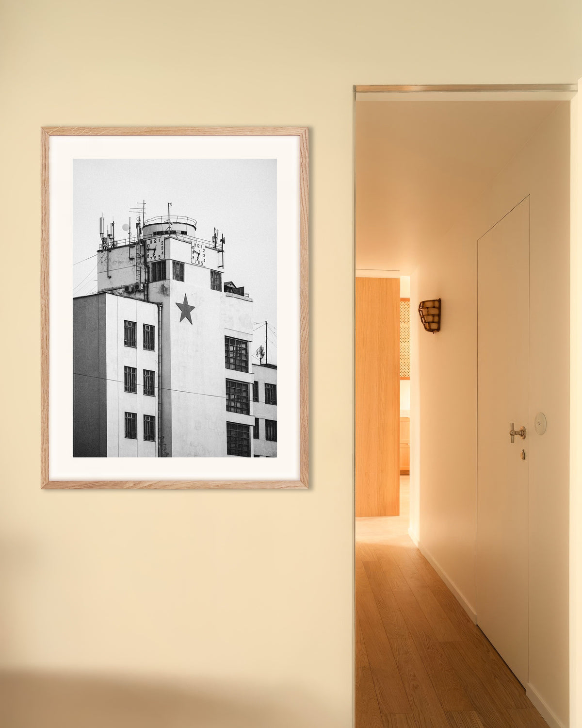 Poster of Clock Tower With a Star, with natural wooden frame