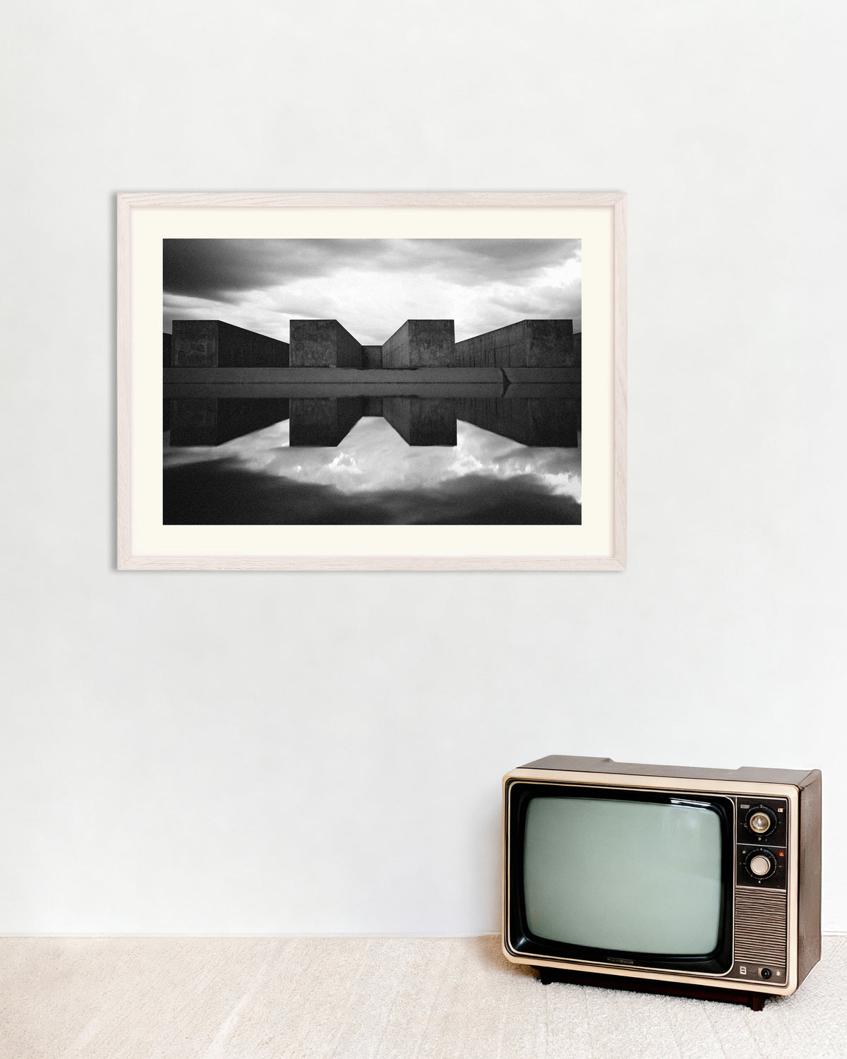 Poster of Concrete Blocks Reflected in Water, with white wooden frame