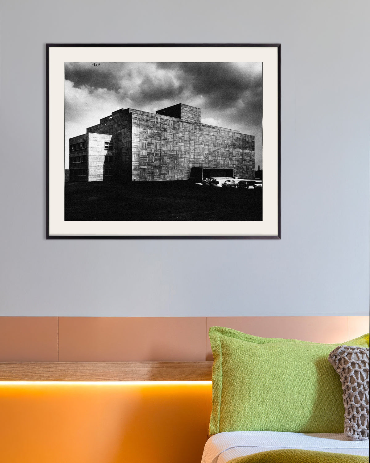 Poster of Concrete Building Under a Storm, with metal frame