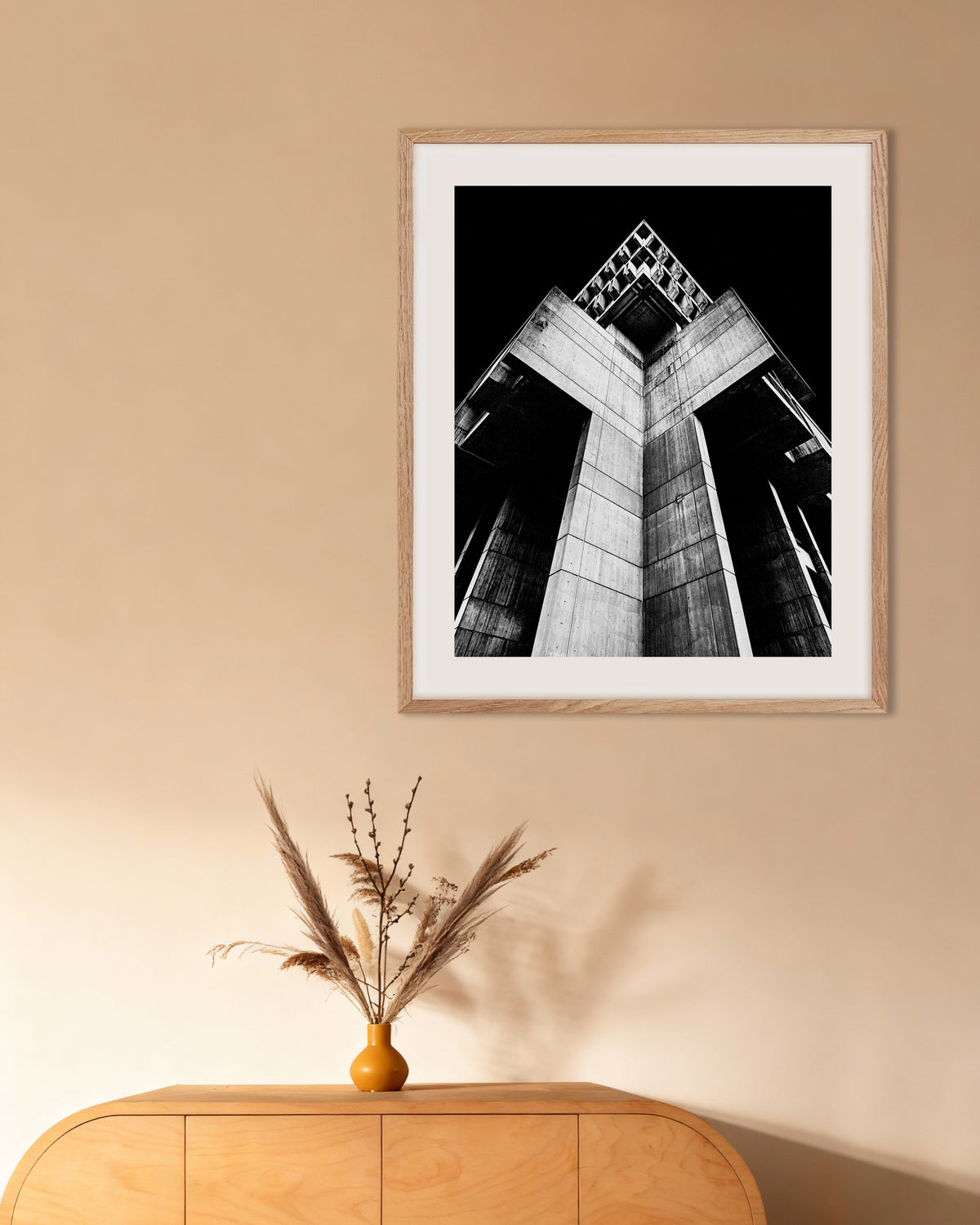 Poster of Concrete Cross Tower at Night, with natural wooden frame