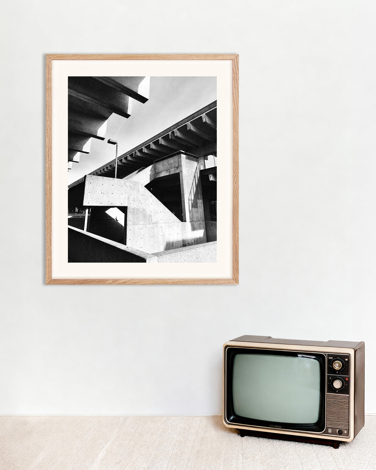 Poster of Concrete Stairs in Sunlight, with natural wooden frame