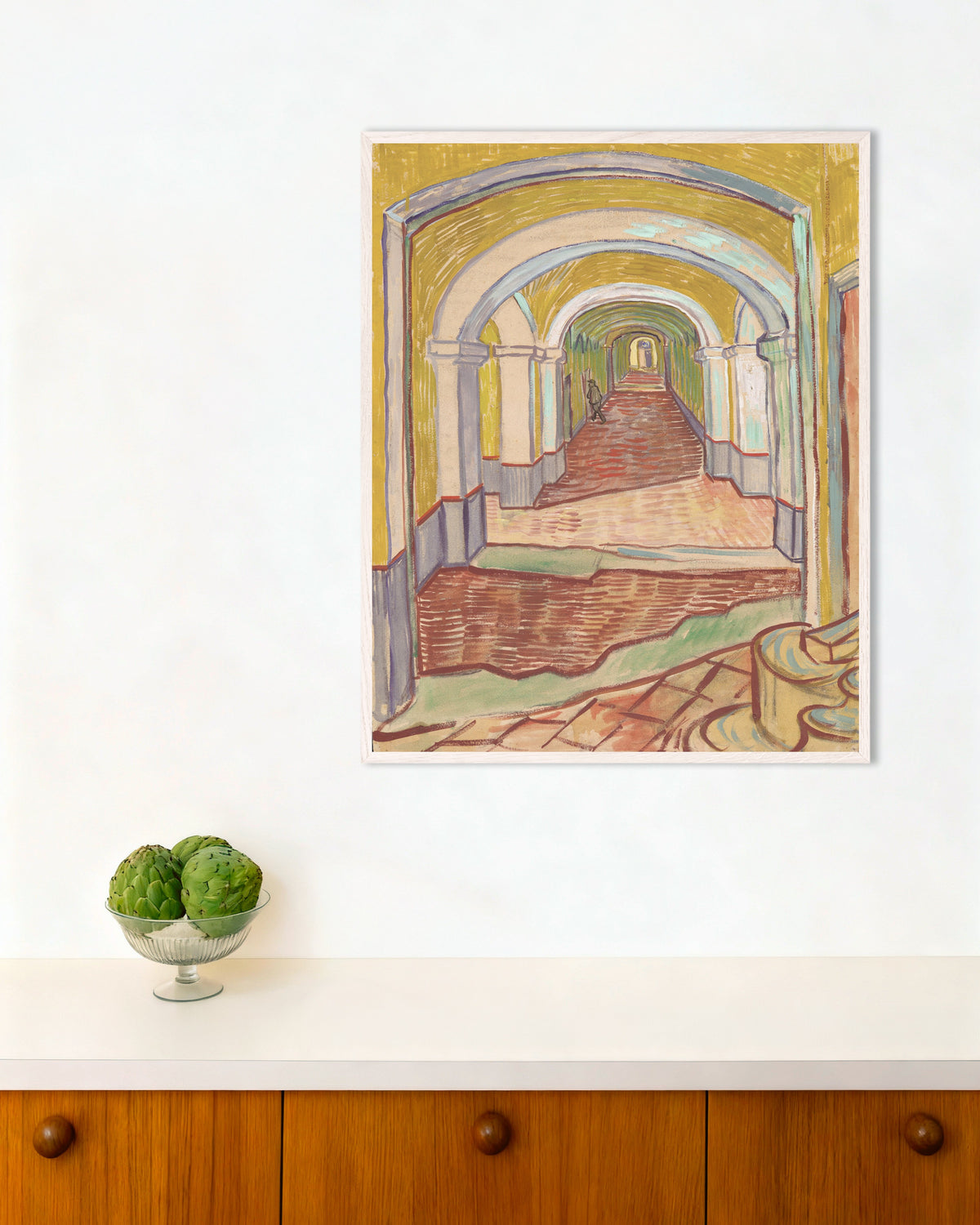 Poster of Corridor in the Asylum (1889) by Vincent van Gogh, with white wooden frame