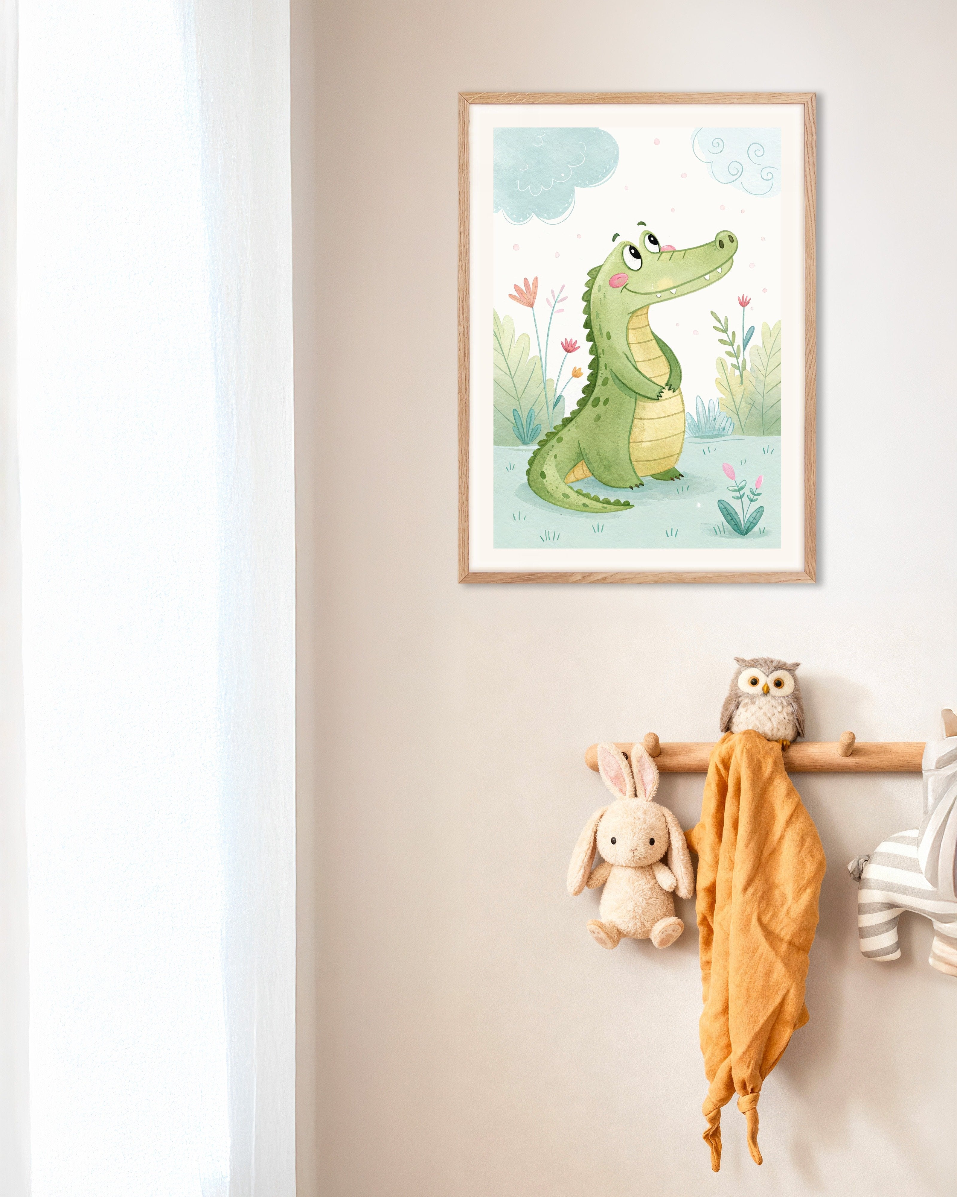 Poster of Crocodile Poster – Nursery Wall Art, with natural wooden frame