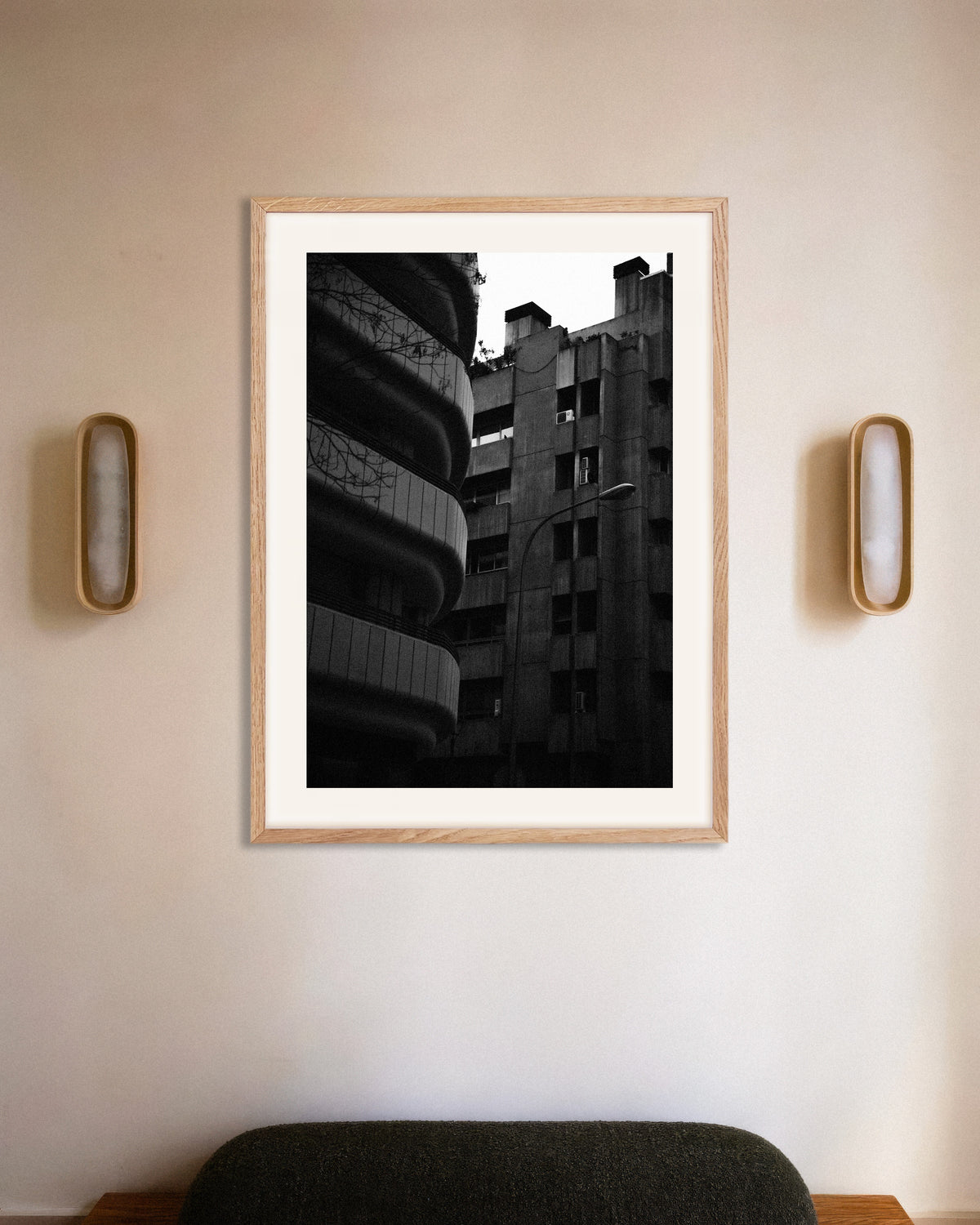 Poster of Curved Facade and Concrete Tower, with natural wooden frame