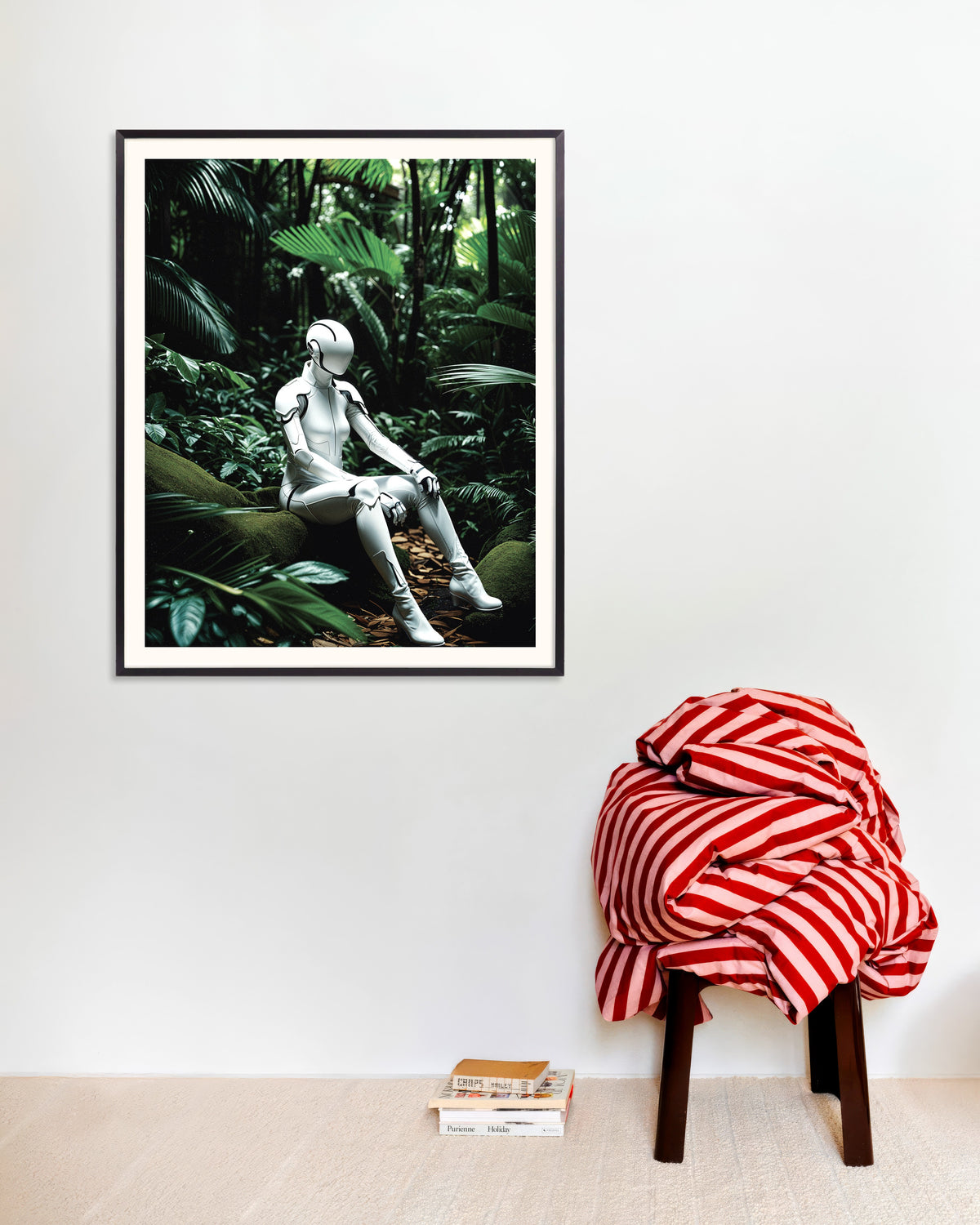 Poster of Cyborg in deep jungle, with metal frame