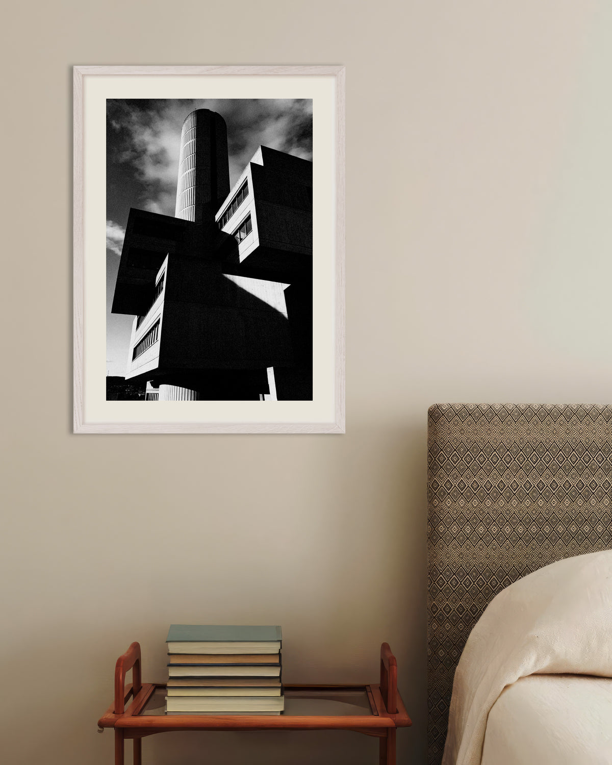 Poster of Cylinder Tower and Floating Blocks, with white wooden frame