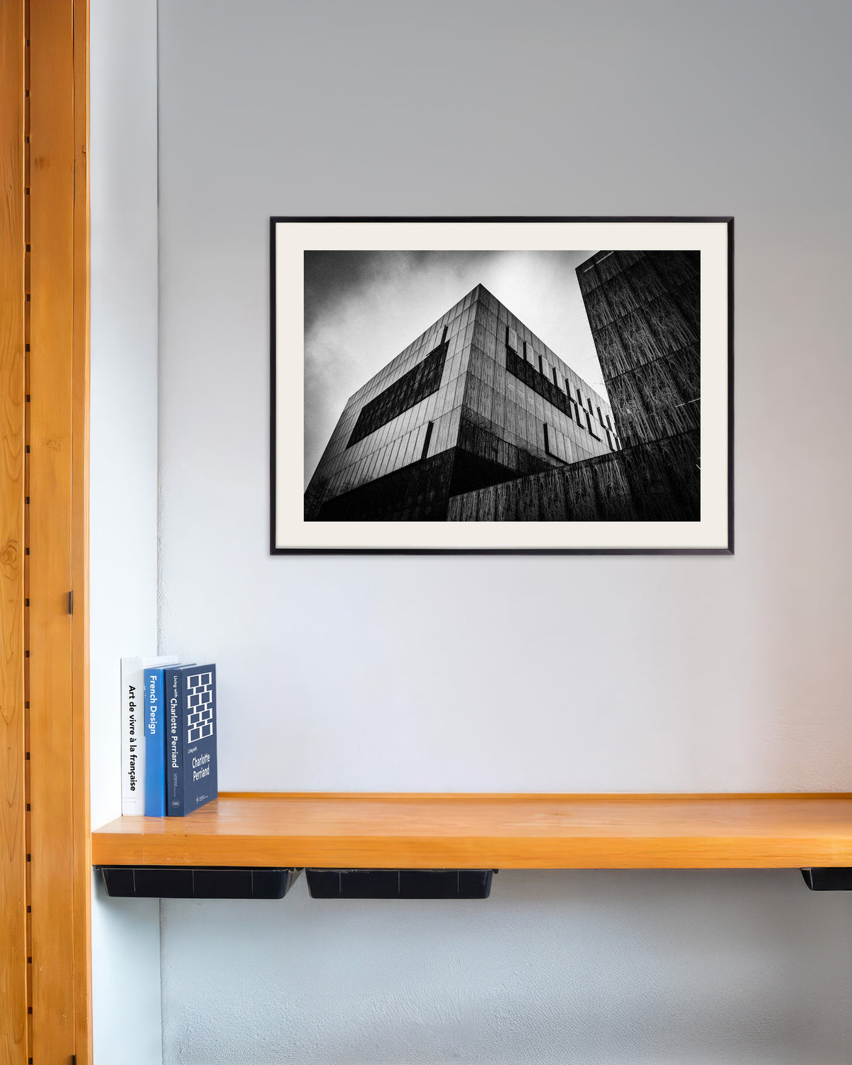 Poster of Dark Concrete Box Under Clouds, with metal frame