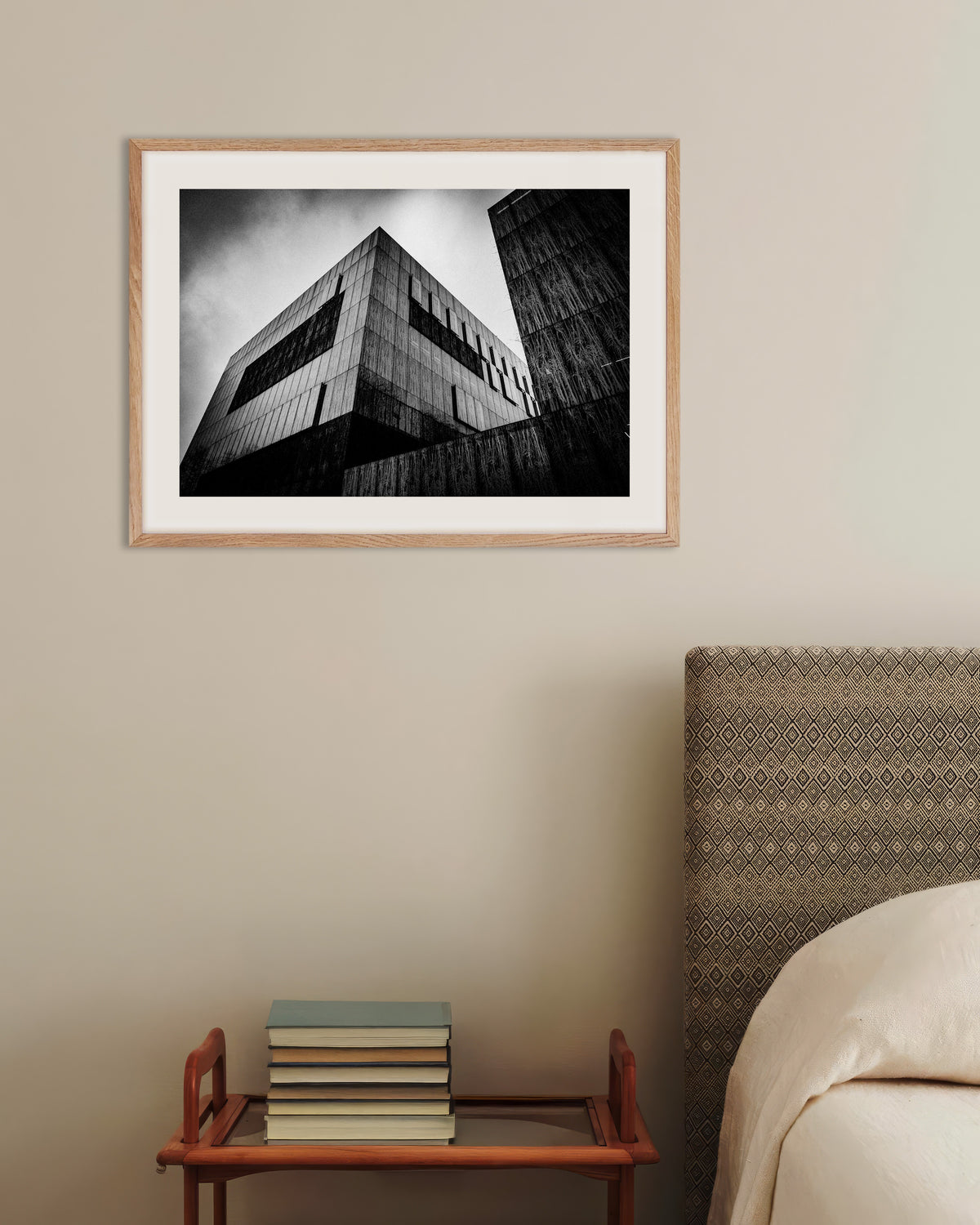Poster of Dark Concrete Box Under Clouds, with natural wooden frame