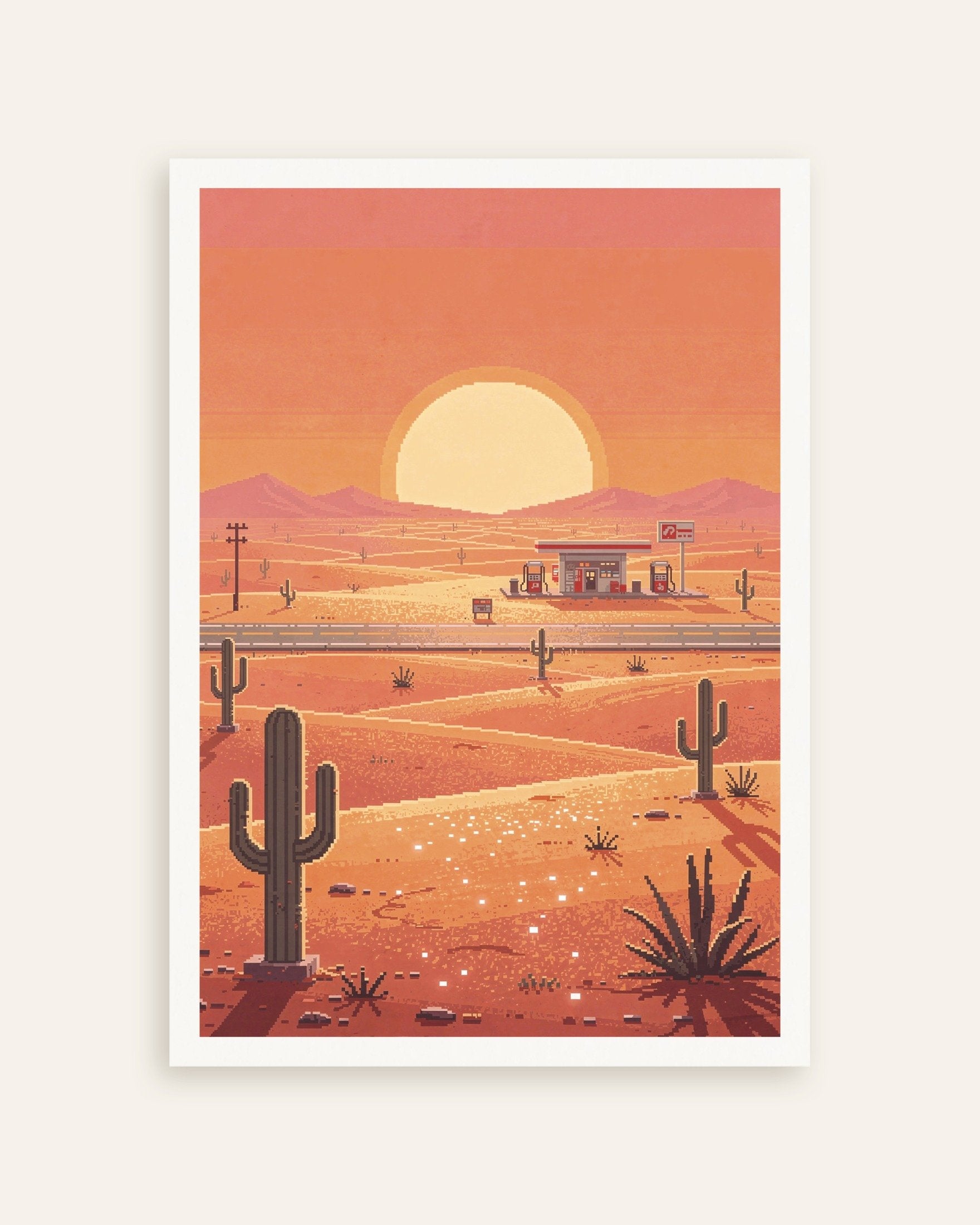 Poster of Desert Gas Station at Sunset - Pixel Art Poster, thumbnail