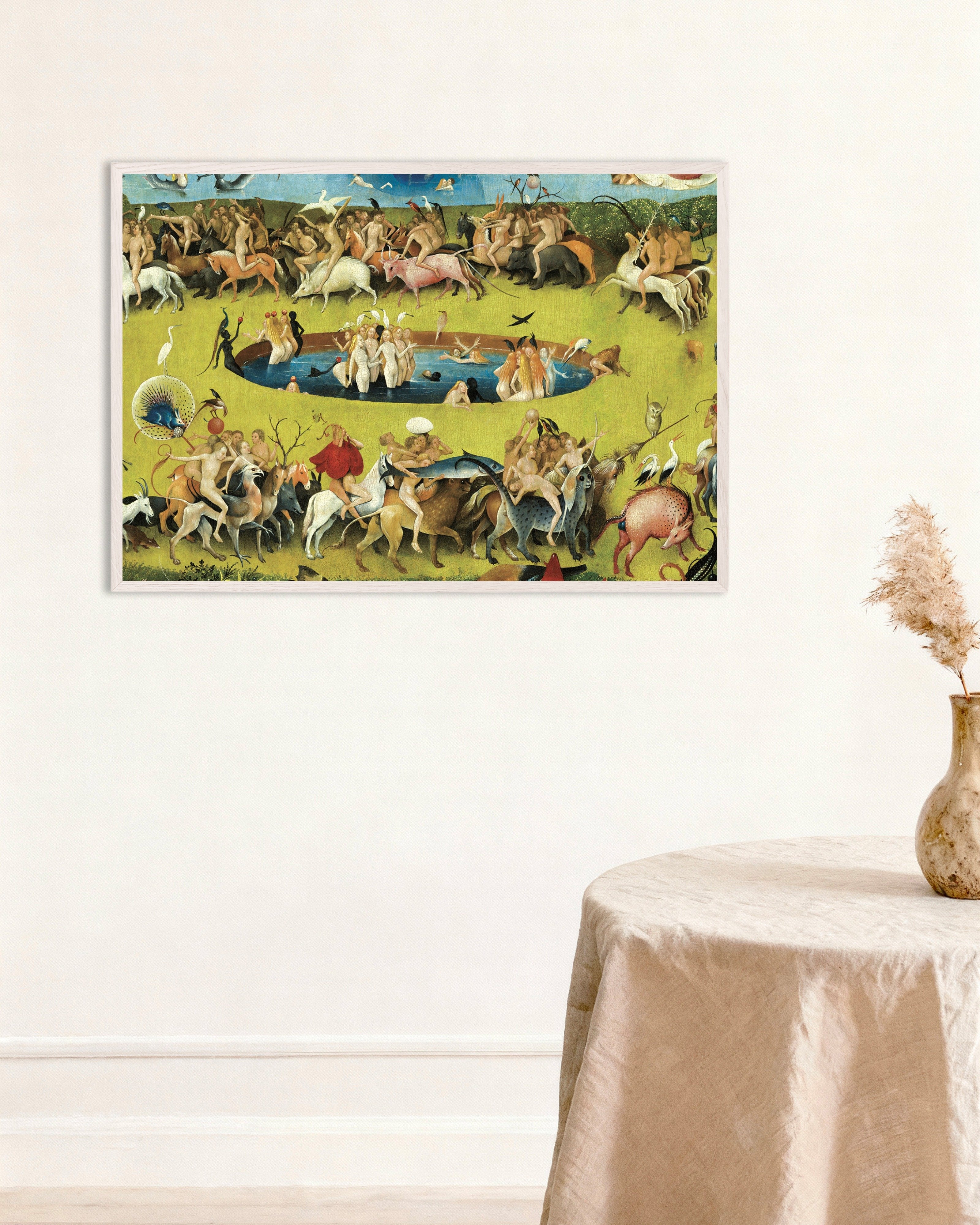 Poster of Detail from The Garden of Earthly Delights: the pool and the parade, with white wooden frame