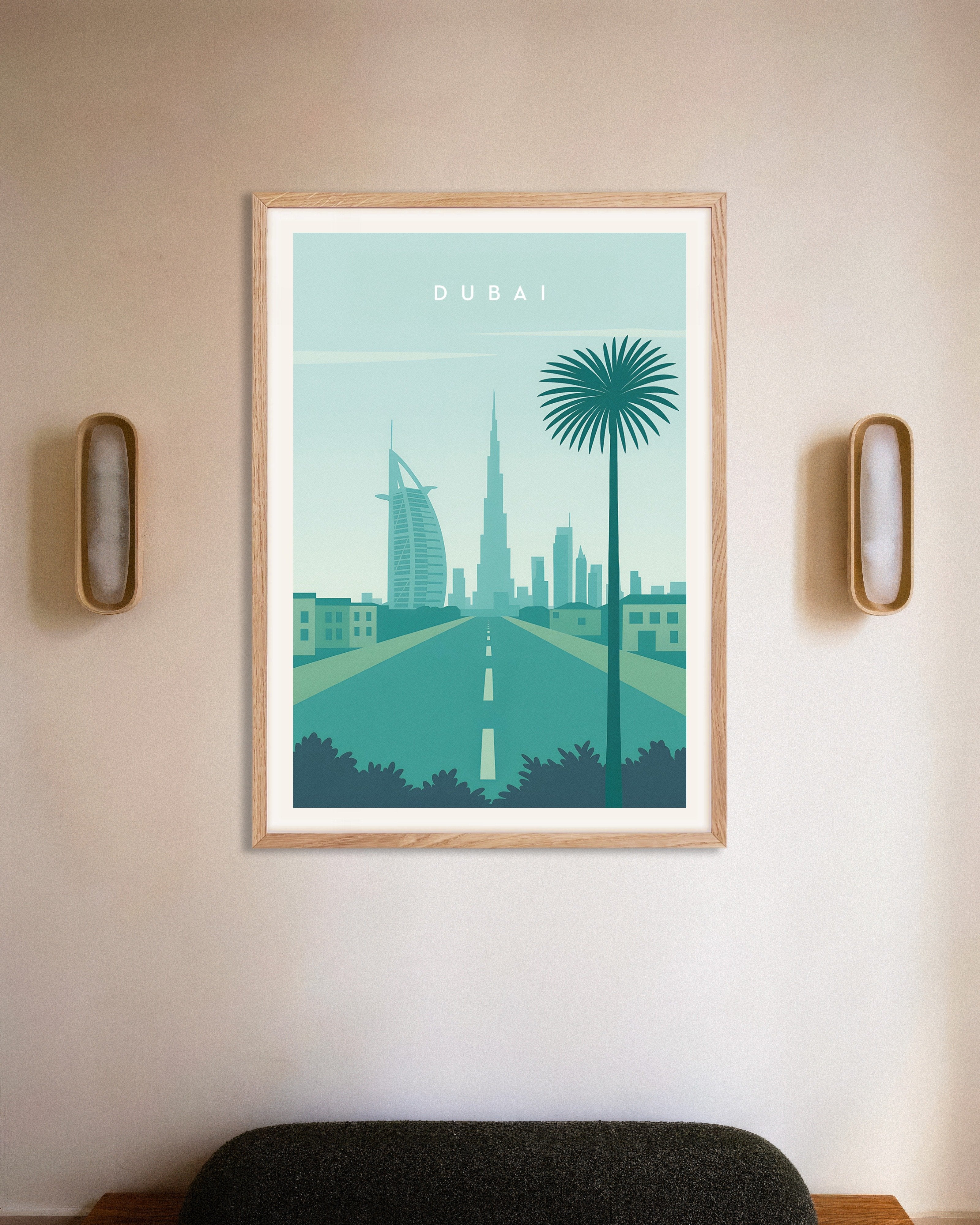 Poster of Dubai Skyline Wall Art Print, with natural wooden frame