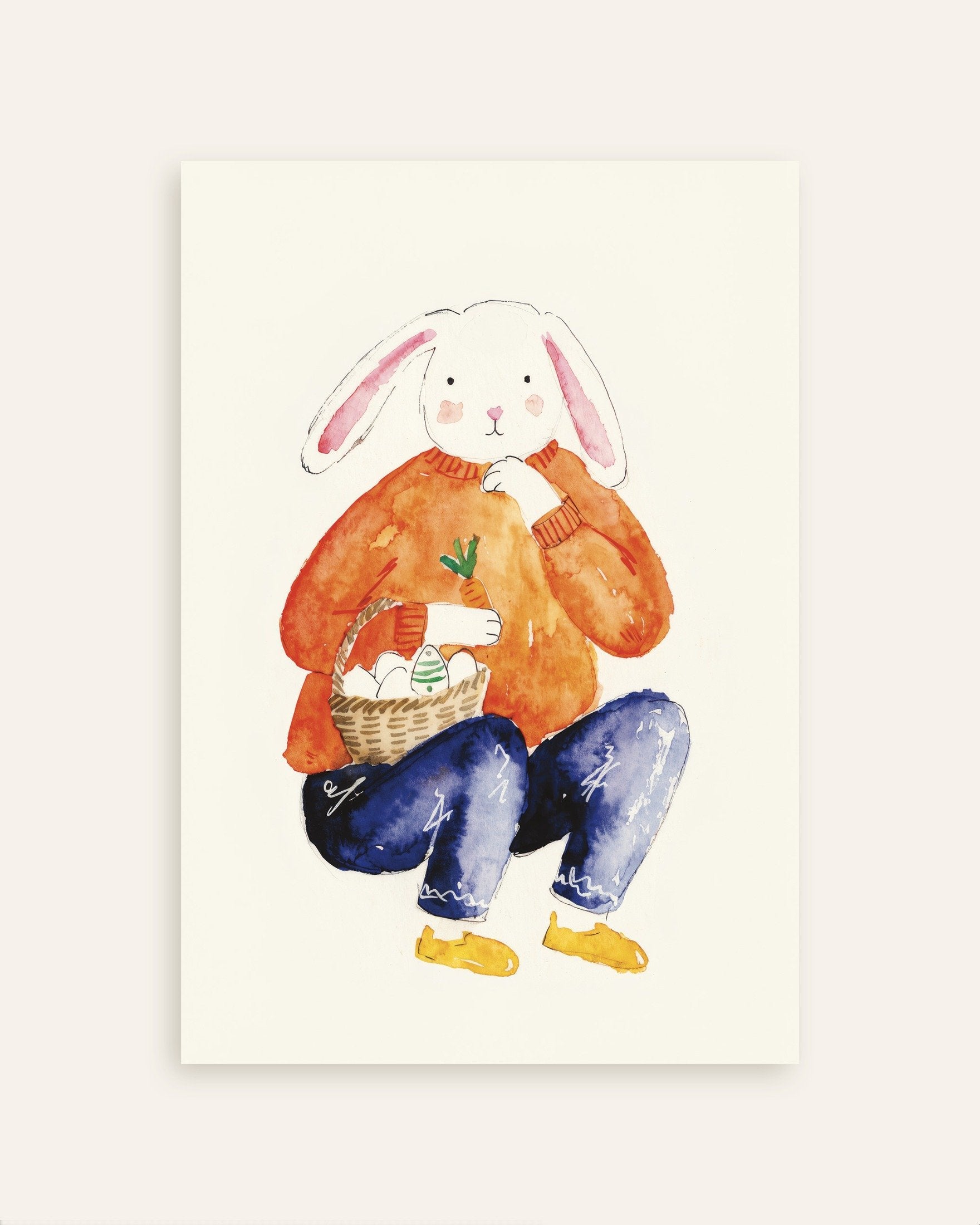 Poster of Easter Bunny in Orange Sweater - Watercolor Poster, thumbnail