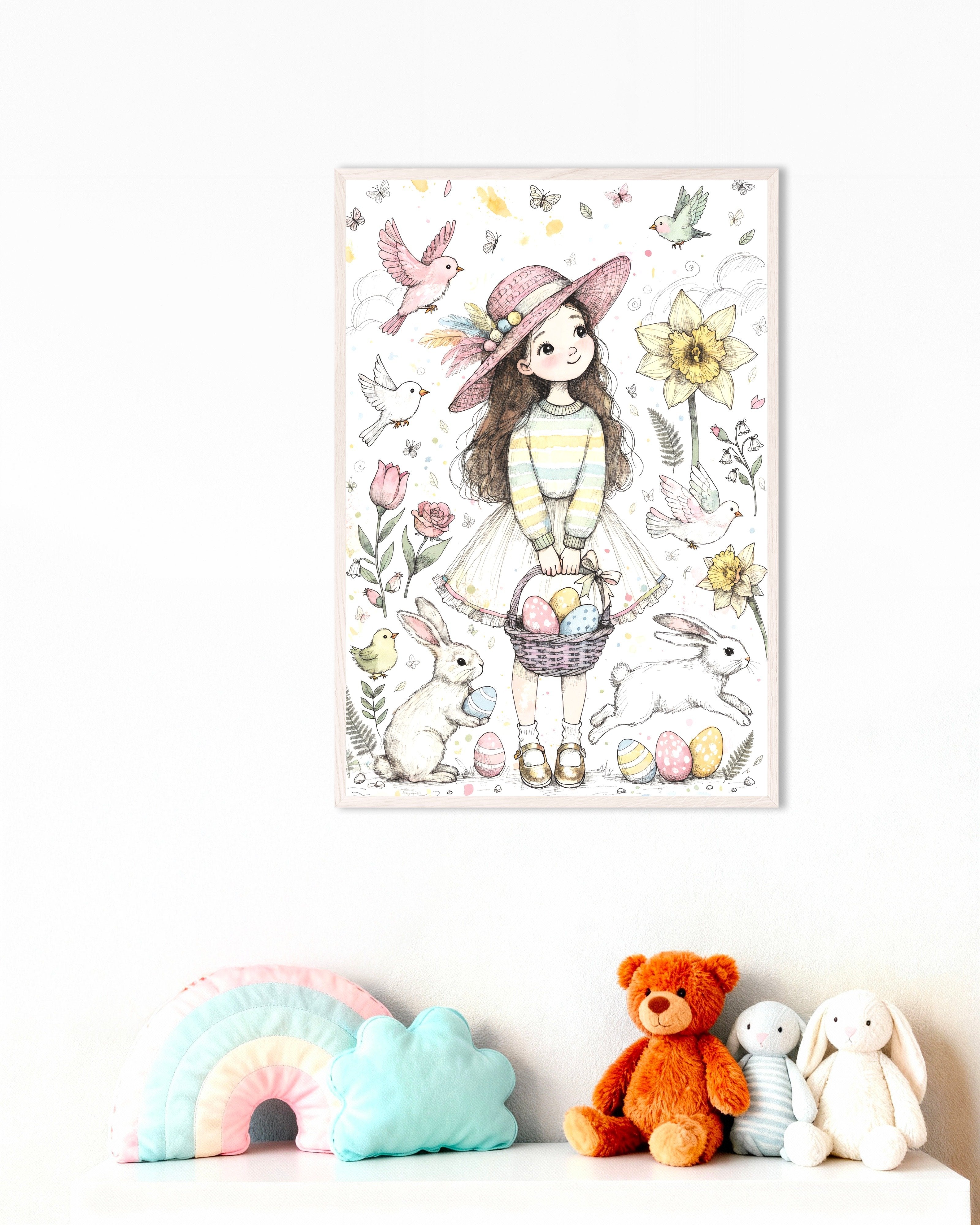 Poster of Easter Girl, Bunnies and Eggs - Pastel Spring Poster, with white wooden frame