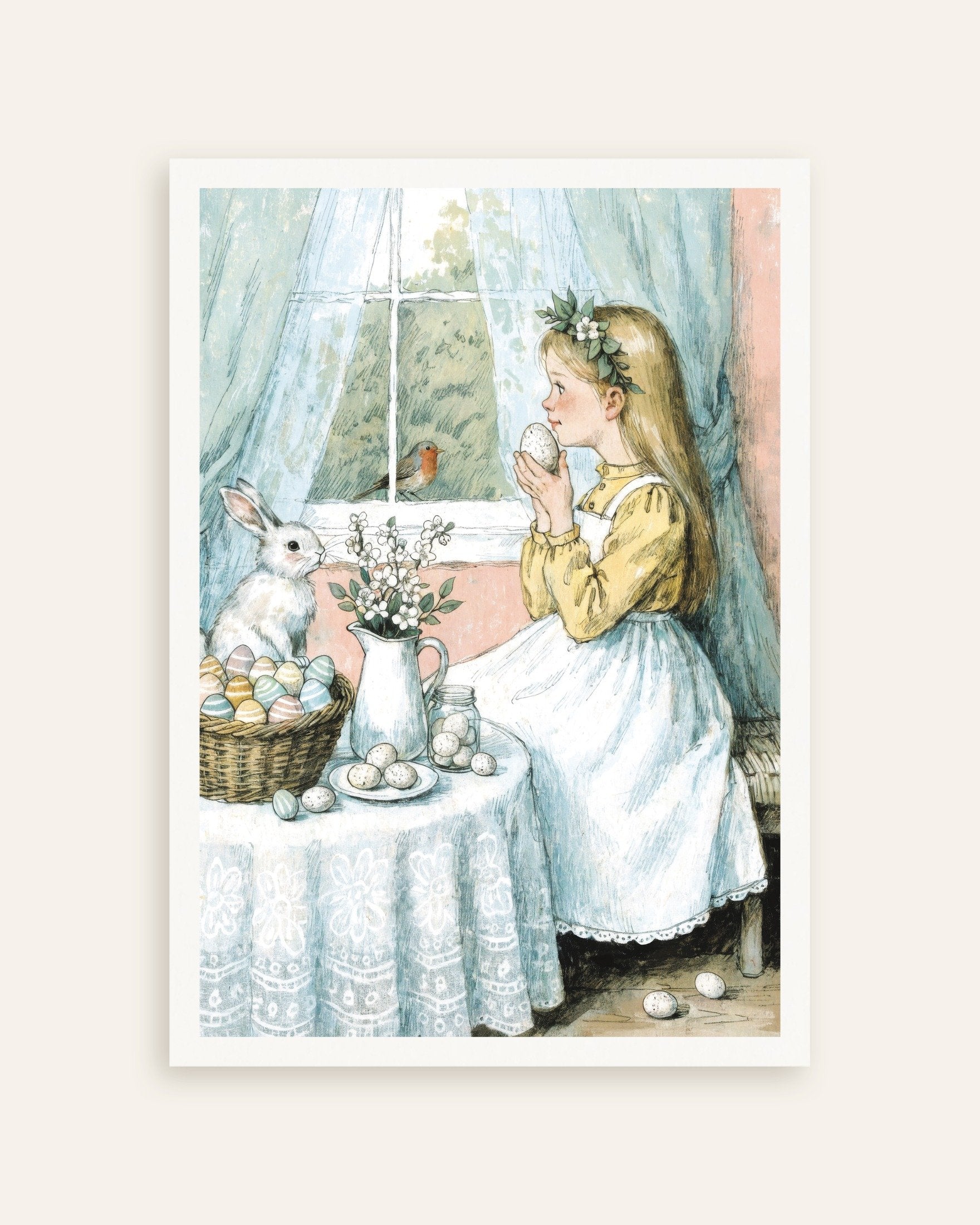 Poster of Easter Morning by the Window: Girl, Bunny and Robin Poster, thumbnail