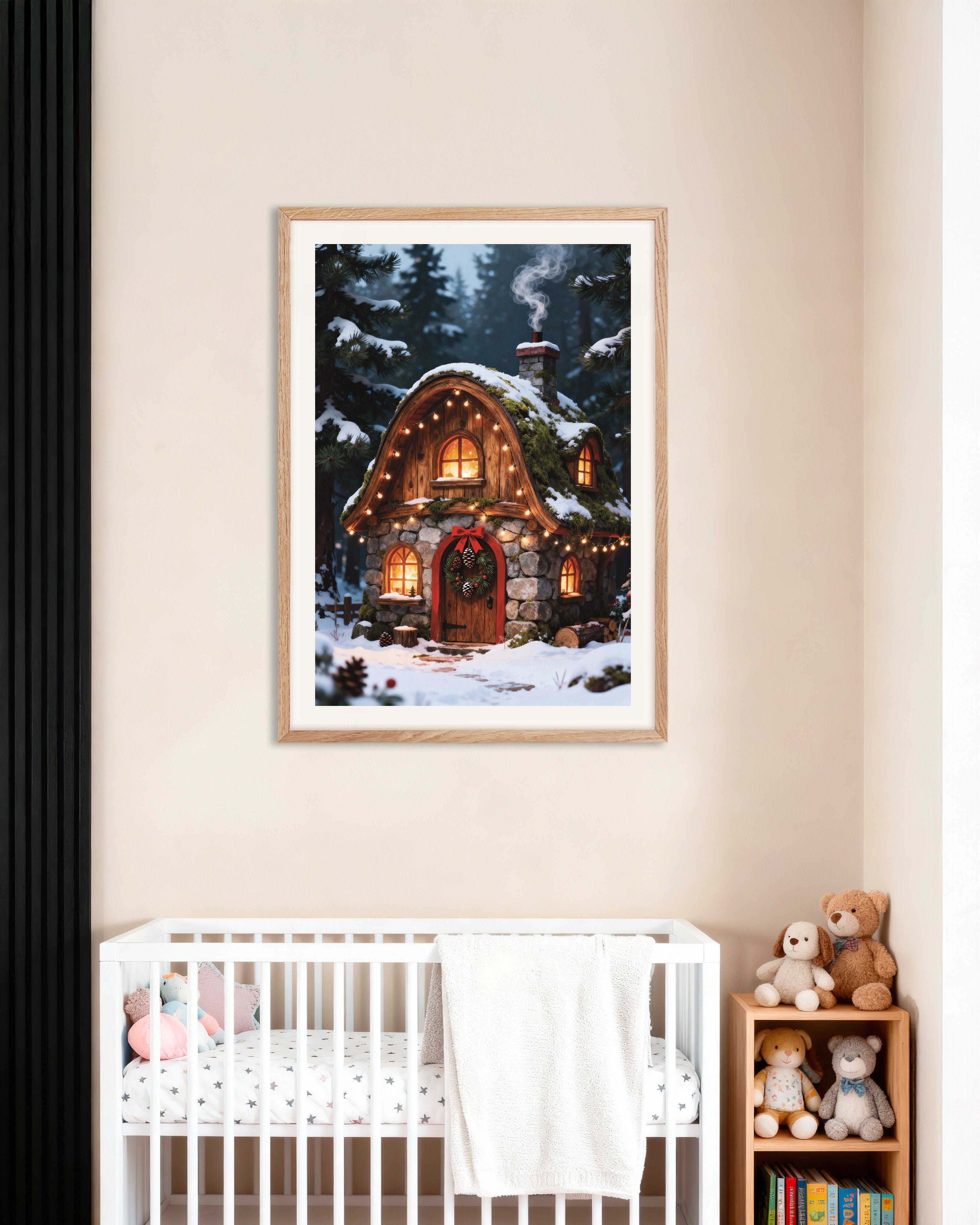 Poster of Elf cottage in the snowy forest poster, with natural wooden frame
