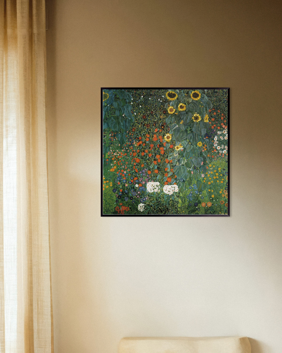 Poster of Farm Garden with Sunflowers (1907) by Gustav Klimt, with metal frame