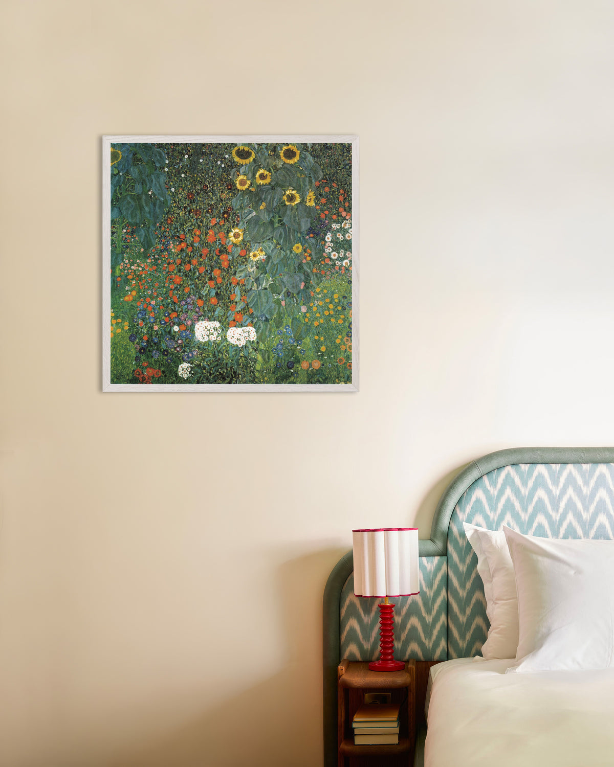 Poster of Farm Garden with Sunflowers (1907) by Gustav Klimt, with white wooden frame