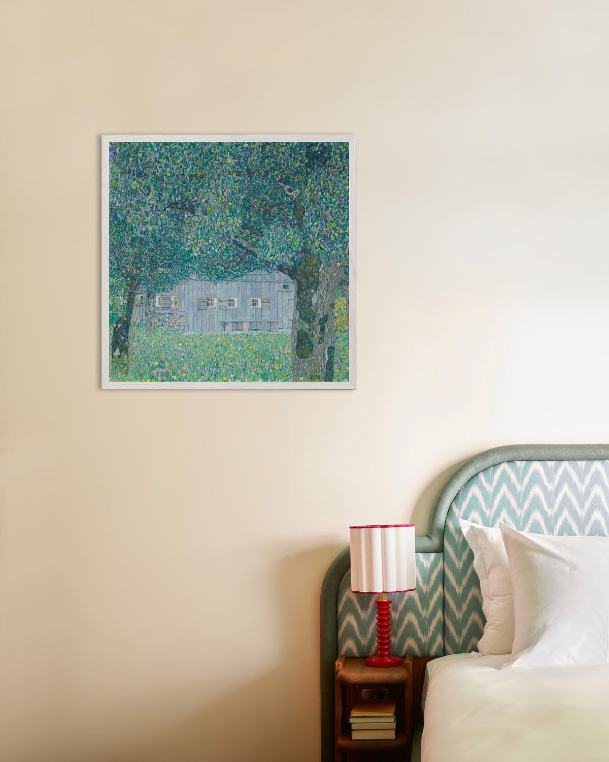 Poster of Farmhouse in Buchberg (1911) by Gustav Klimt, with white wooden frame