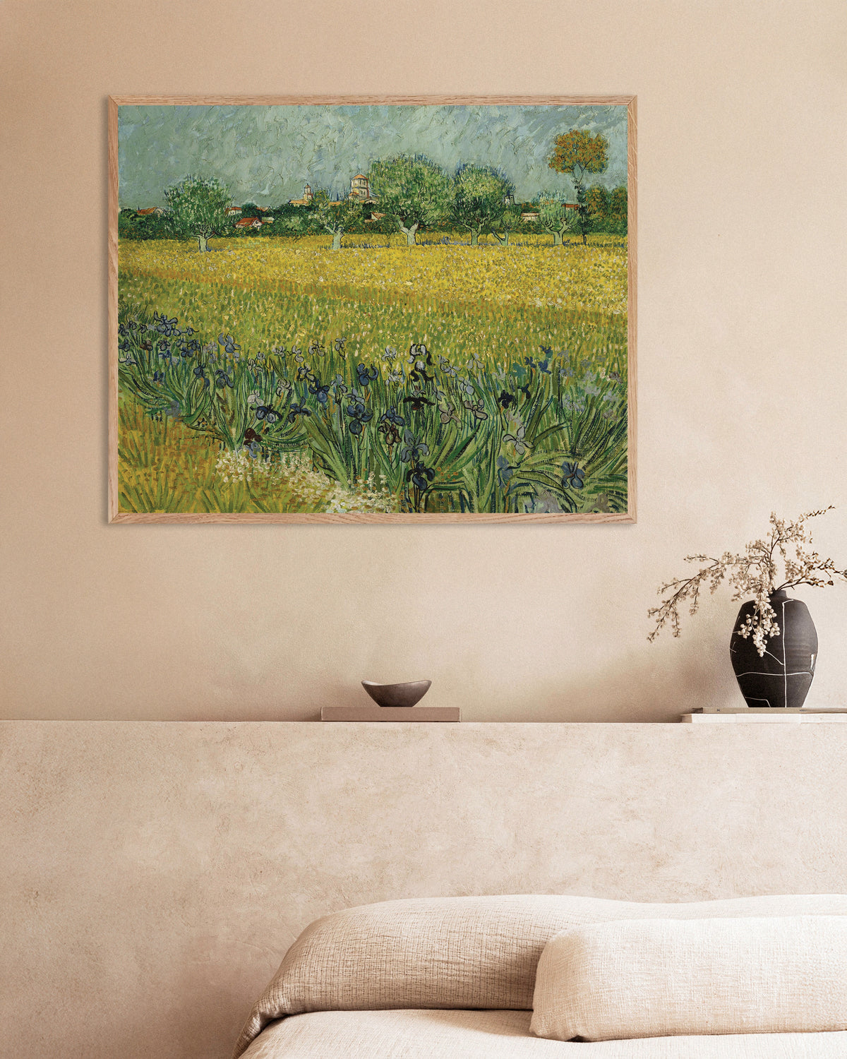 Poster of Field with Irises near Arles (1888) by Vincent van Gogh, with natural wooden frame