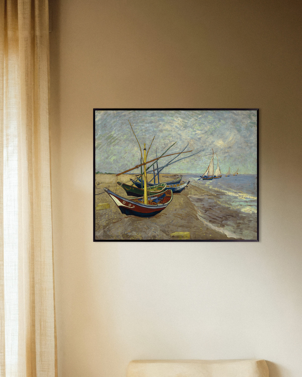 Poster of Fishing Boats on the Beach at Les Saintes-Maries-de-la-Mer (1888) by Vincent van Gogh, with metal frame