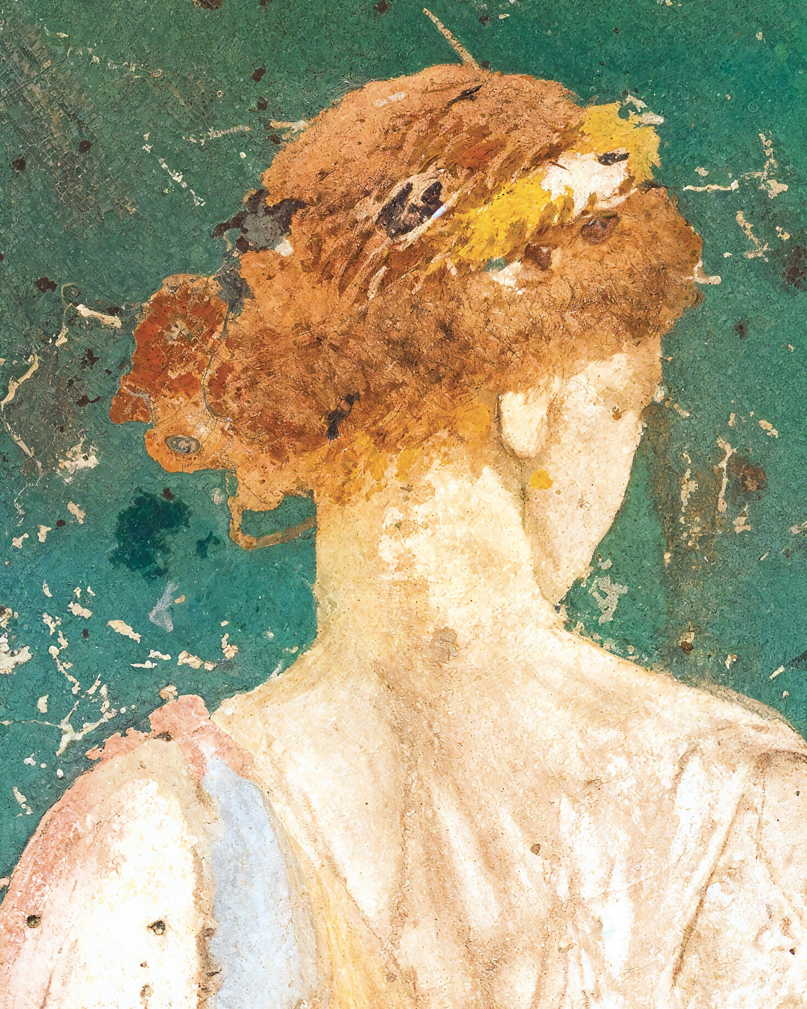 Artistic depiction of a figure with a yellow headband against a textured green background