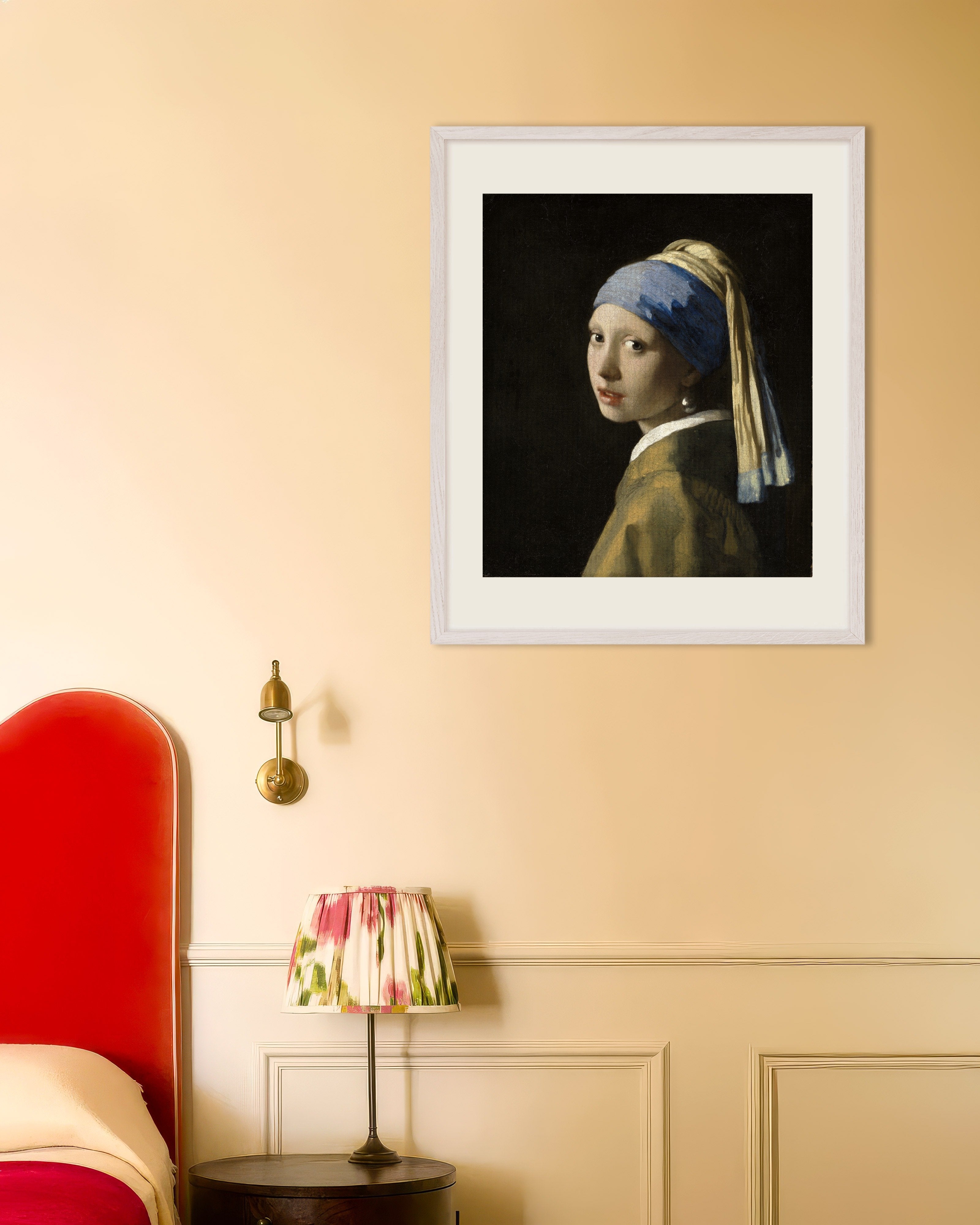 Poster of Girl with a Pearl Earring - Vermeer Art Print, with white wooden frame