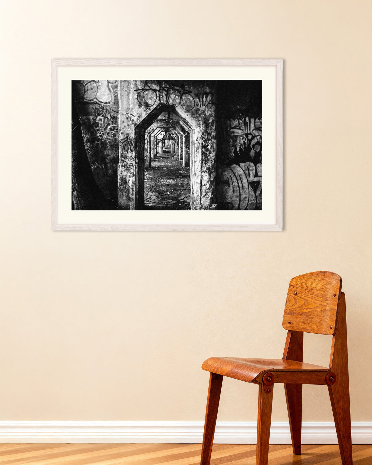 Poster of Graffiti Arcade in Ruins, with white wooden frame