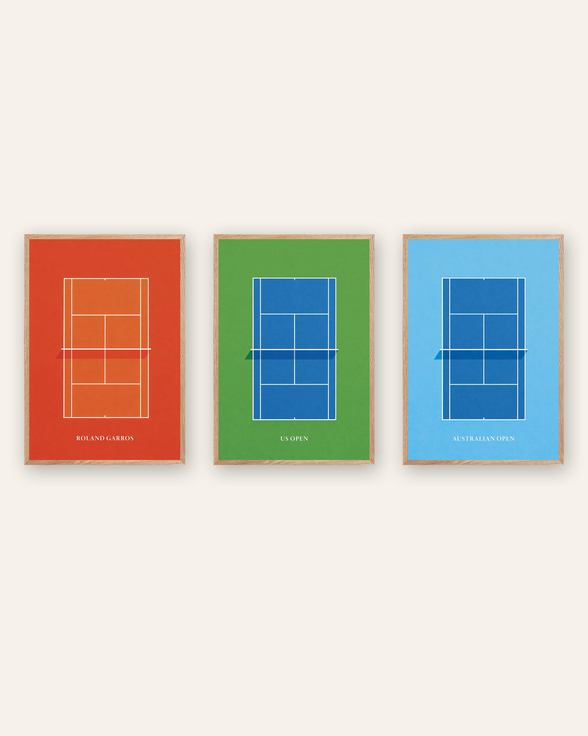 Grand Slam Tennis Posters Set of 3 – Roland Garros, US Open & Australian Open, prints in natural oak frames