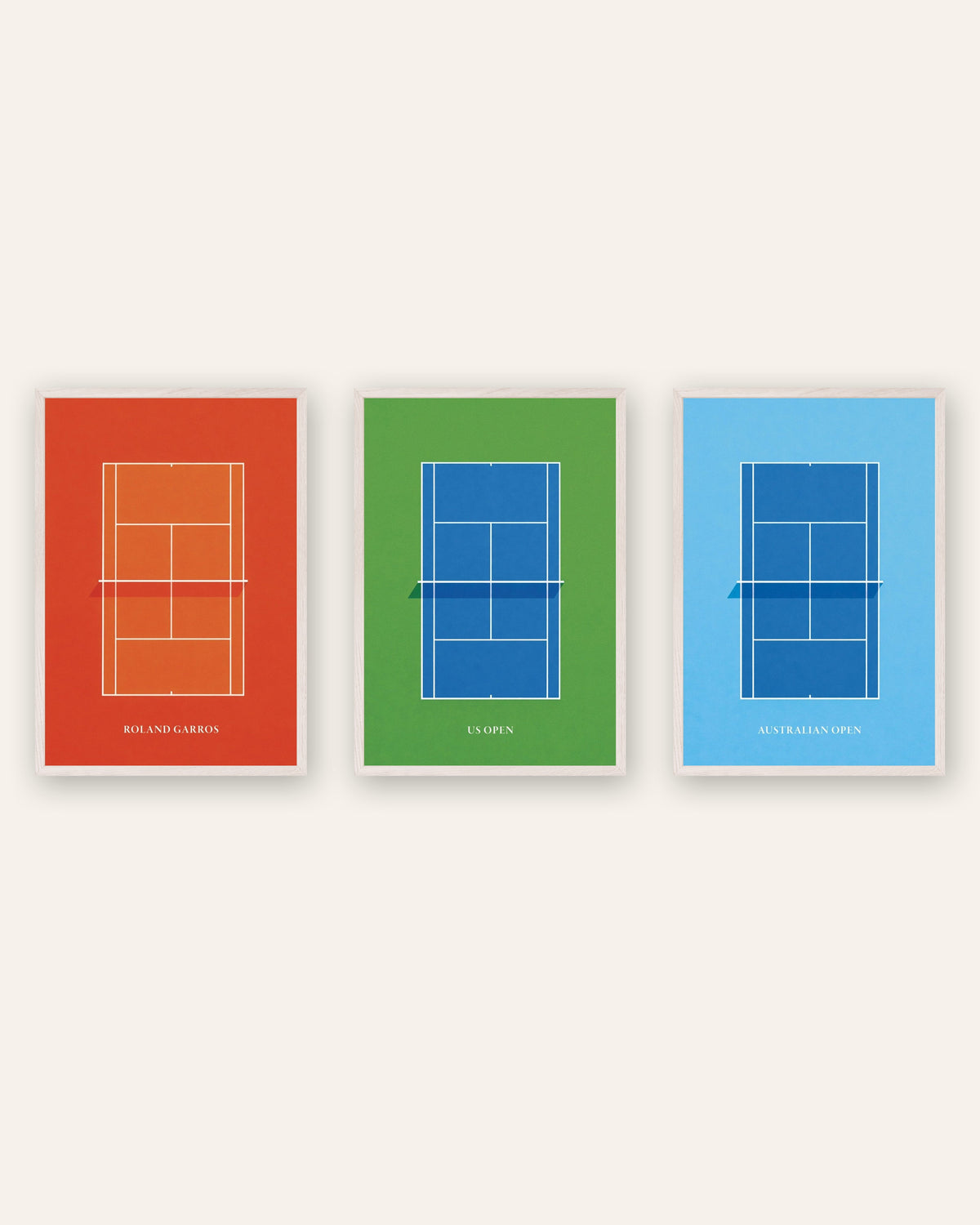 Grand Slam Tennis Posters Set of 3 – Roland Garros, US Open & Australian Open, prints in white oak frames