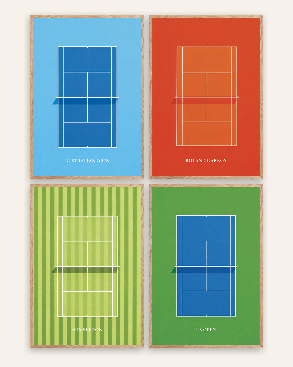 Grand Slam Tennis Posters Set of 4 – Australian Open, Roland Garros, Wimbledon & US Open, prints in natural oak frames