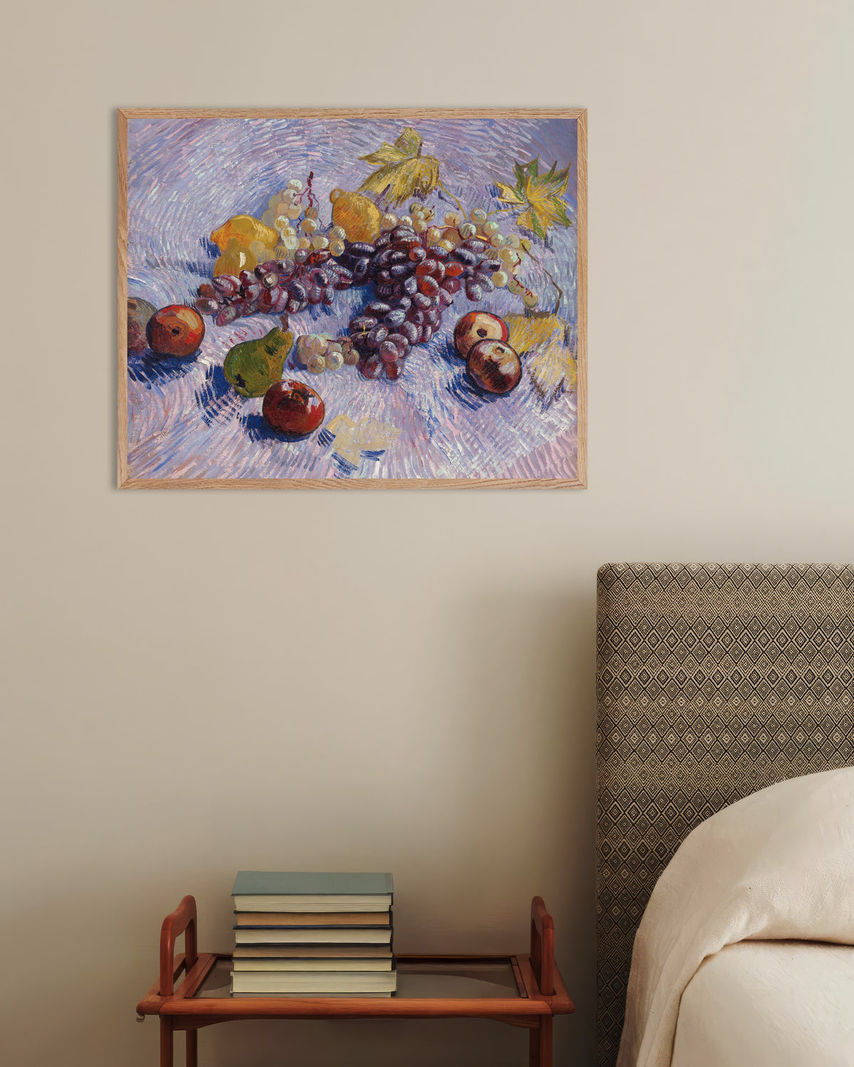 Poster of Grapes, Lemons, Pears and Apples (1887) by Vincent van Gogh, with natural wooden frame