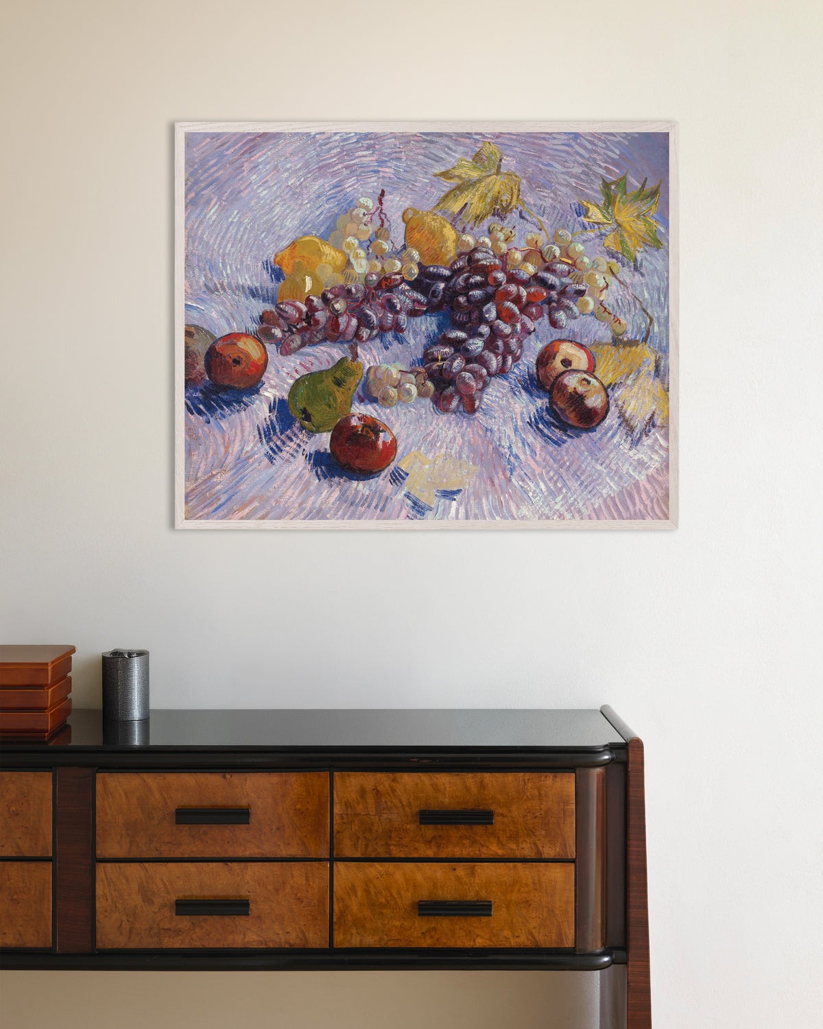 Poster of Grapes, Lemons, Pears and Apples (1887) by Vincent van Gogh, with white wooden frame