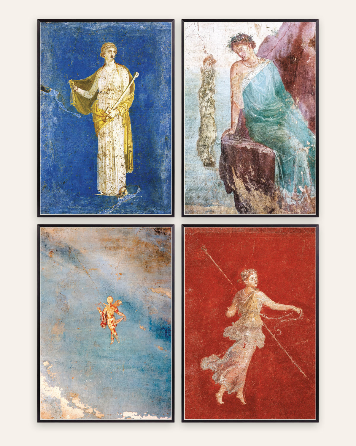 Greek Myth Fresco Prints Set of 4 – Medea, Icarus, Psyche & Maenad, prints in black metal frames