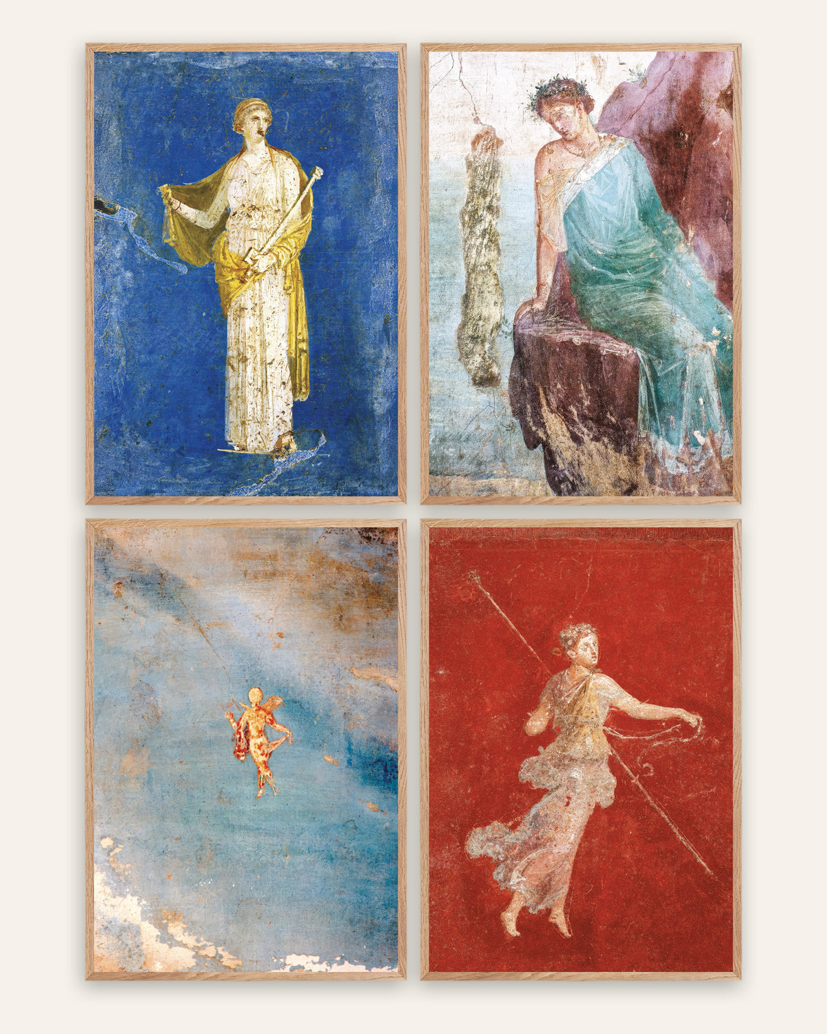 Greek Myth Fresco Prints Set of 4 – Medea, Icarus, Psyche & Maenad, prints in natural oak frames