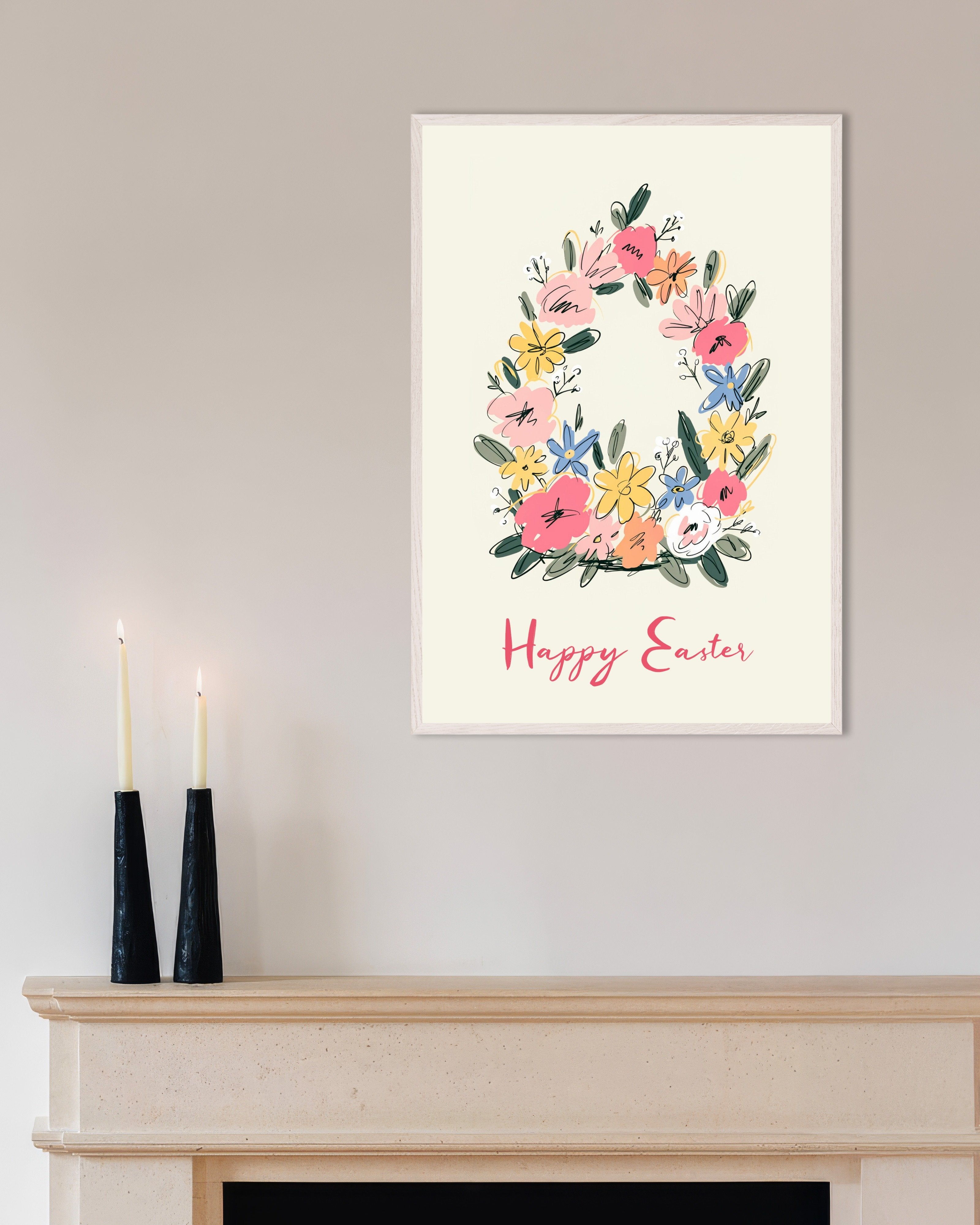 Poster of Happy Easter Floral Egg Wreath Poster, with white wooden frame